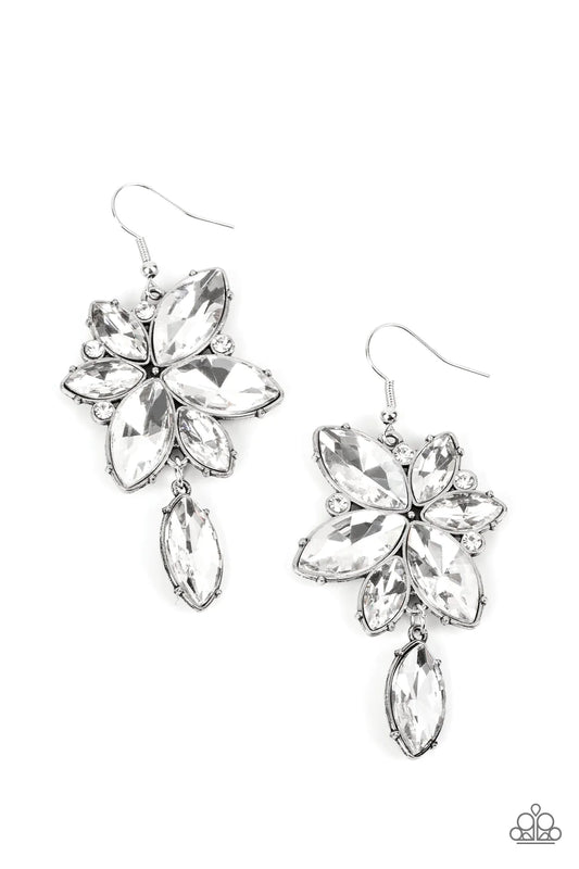 Paparazzi Accessories Radiant Retrospection - White nfused with dainty white rhinestones, an oversized collection of white marquise cut gems explodes into a silver frame. A matching white gem swings from the bottom of the clustered frame, adding sparkly m
