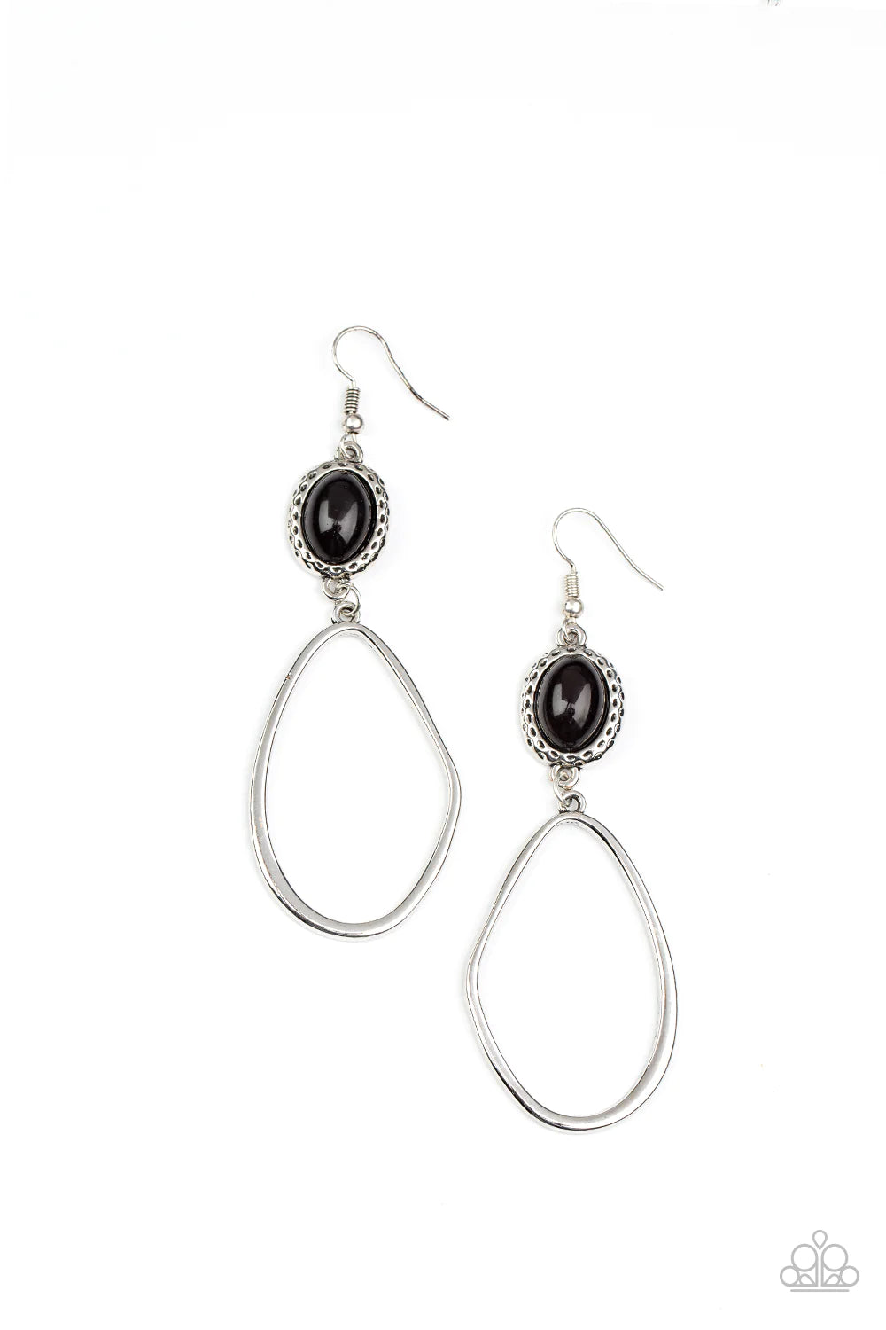 Paparazzi Accessories Adventurous Allure - Black An asymmetrical silver oval swings from the bottom of a black beaded silver frame featuring hammered textures, creating a colorfully rustic lure. Earring attaches to a standard fishhook fitting. Sold as one