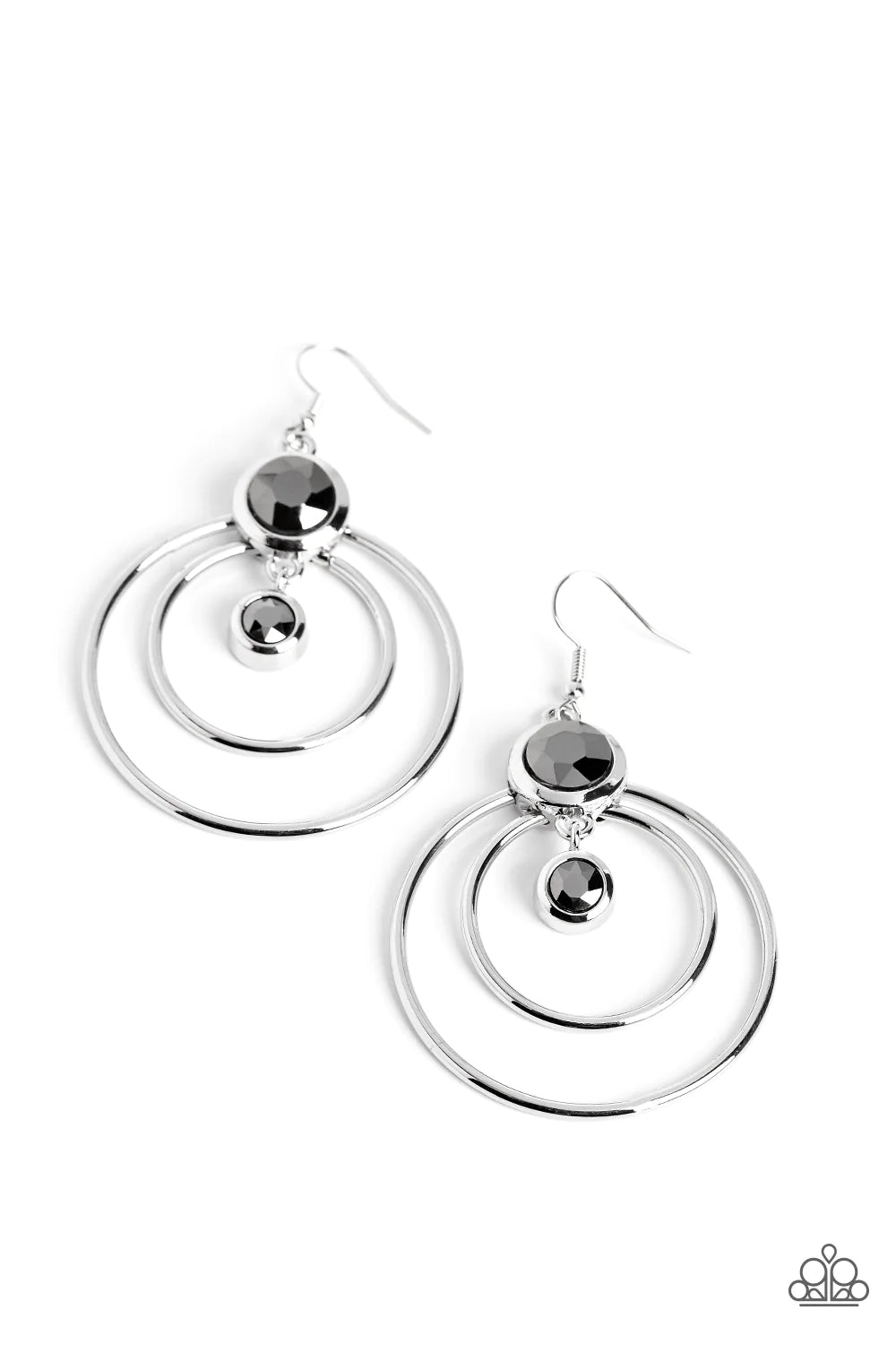 Paparazzi Accessories Dapperly Deluxe - Silver Two airy hoops anchor an oversized smoky hematite rhinestone set in a thick silver frame for some playful movement. Dangling below the oversized hematite rhinestone, a dainty rhinestone set in the same frame