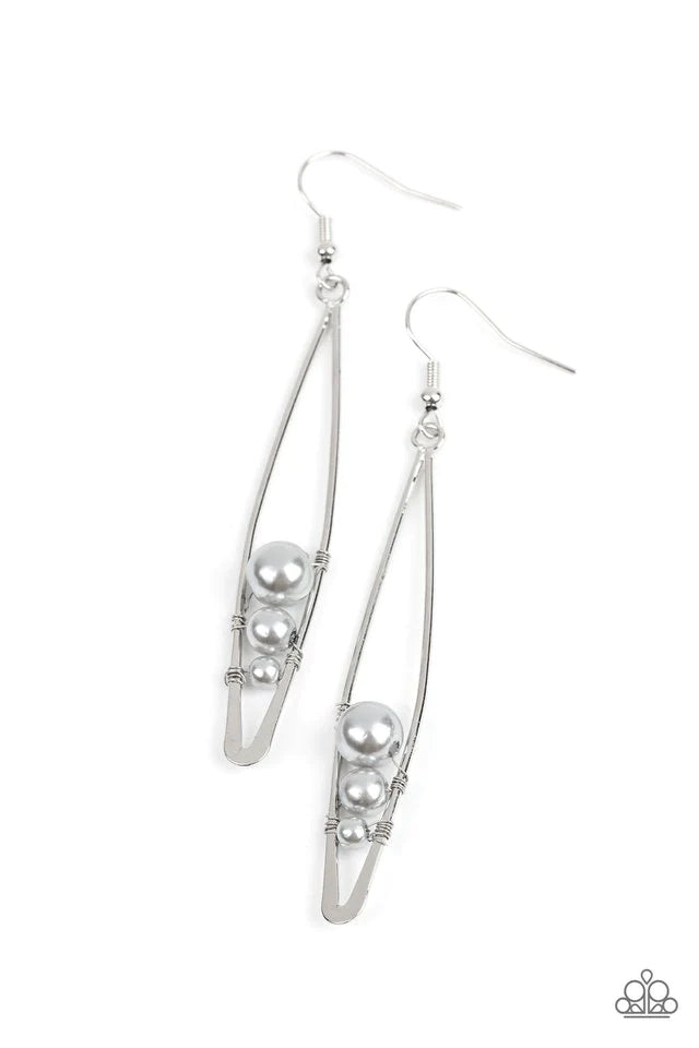 Paparazzi Accessories Atlantic Allure - Silver Threaded along dainty silver wires, shimmery gray pearls decrease in size as they tumble down the bottom of an elongated silver frame for a modern twist. Earring attaches to a standard fishhook fitting. Jewel