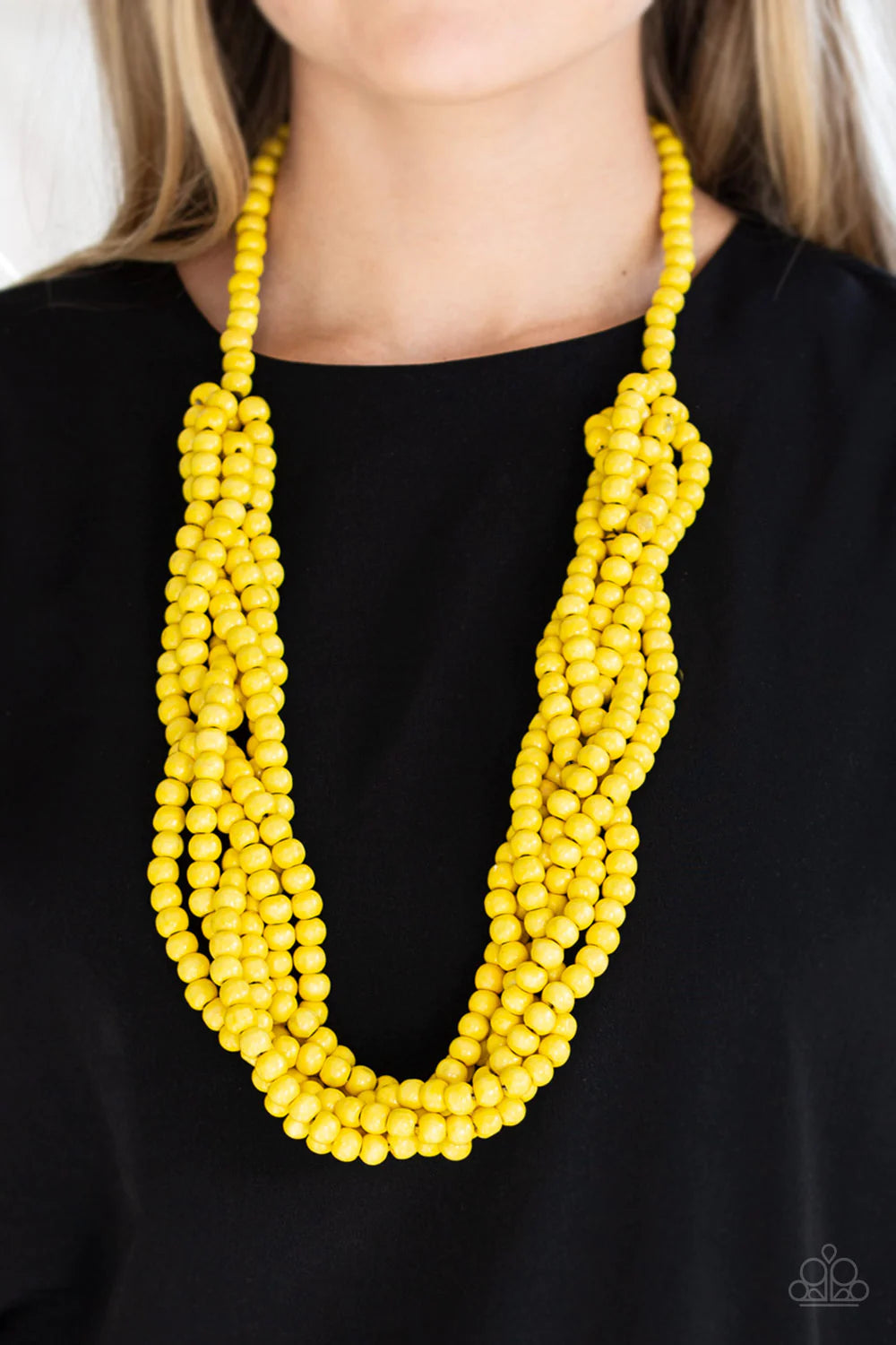 Paparazzi Accessories Tahiti Tropic - Yellow Brushed in a sunny yellow finish, strands of vivacious wooden beads subtly twist across the chest for a summery look. Sold as one individual necklace. Includes one pair of matching earrings. Jewelry