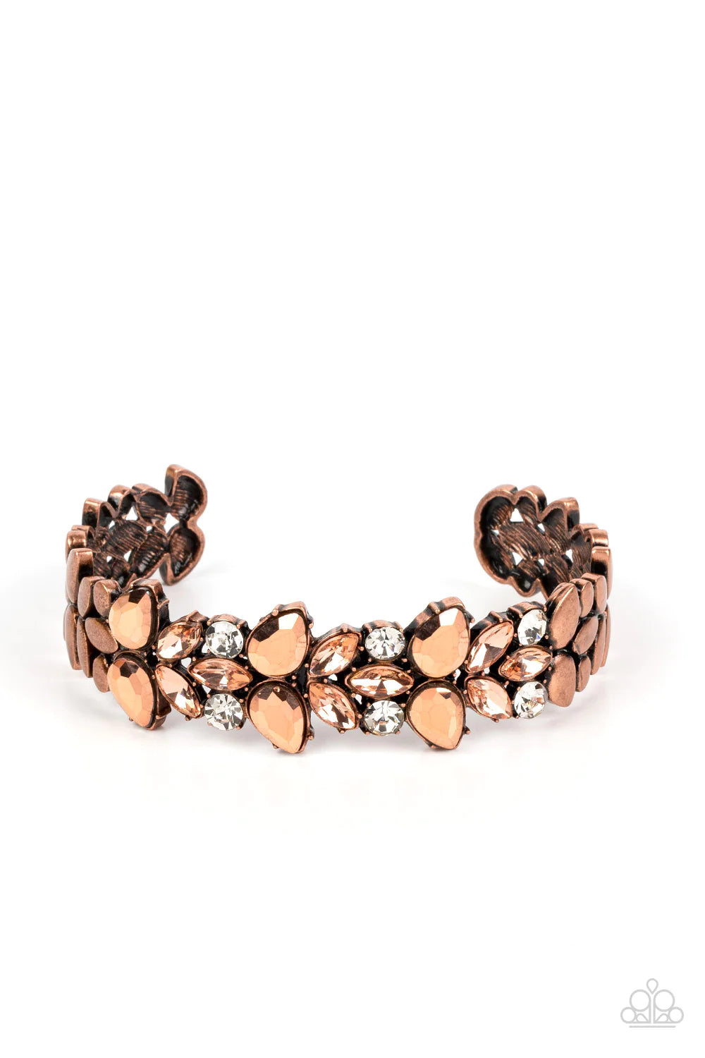 Paparazzi Accessories Glacial Gleam - Copper Coppery aurum teardrop and coppery marquise gems converge into an edgy design with a subtle floral motif across the front of a copper cuff. Glitzy white rhinestones add an air of mystery to the piece, while smo