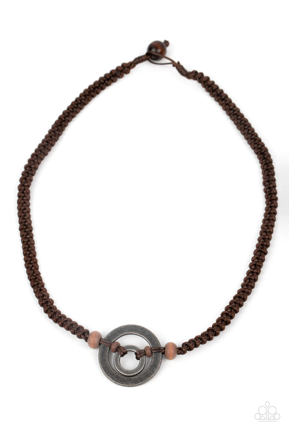 Paparazzi Accessories Rural Reed - Brown Infused with dainty wooden beads, two tin-finished silver rings are knotted in place along a braided strand of brown cording below the collar for an earthy flair. Features a button loop closure. Sold as one individ
