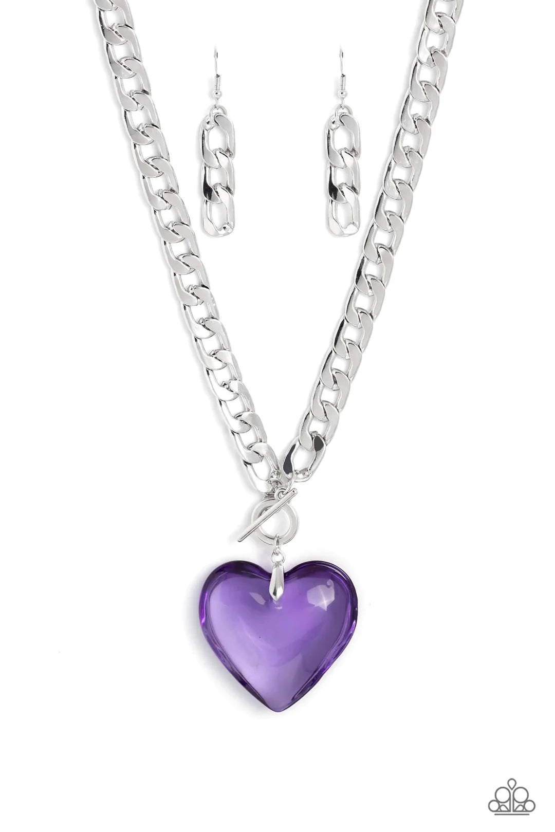 Paparazzi Accessories GLASSY-Hero - Purple Featuring a glossy finish, an oversized, rich, purple heart pendant swings from the bottom of a thick silver curb chain below the collar for a romantic declaration. Features a toggle closure. Sold as one individu