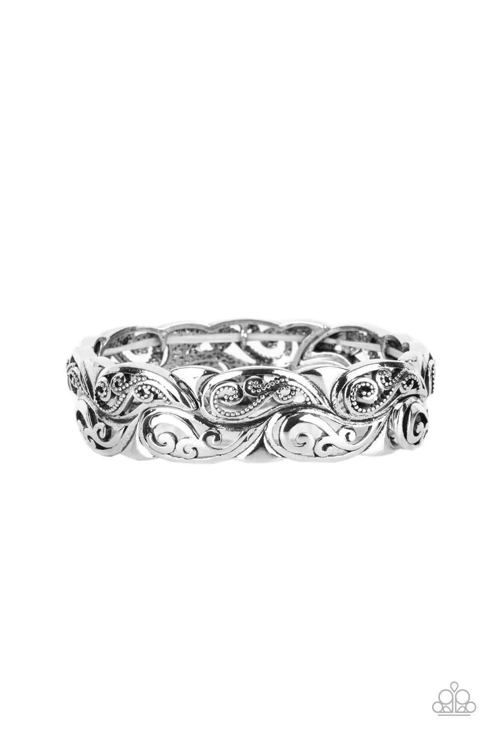 Paparazzi Accessories Paisley Portico - Silver Antiqued silver paisley patterned frames are threaded along stretchy bands around the wrist, creating a rustic centerpiece. Sold as one individual bracelet. Jewelry
