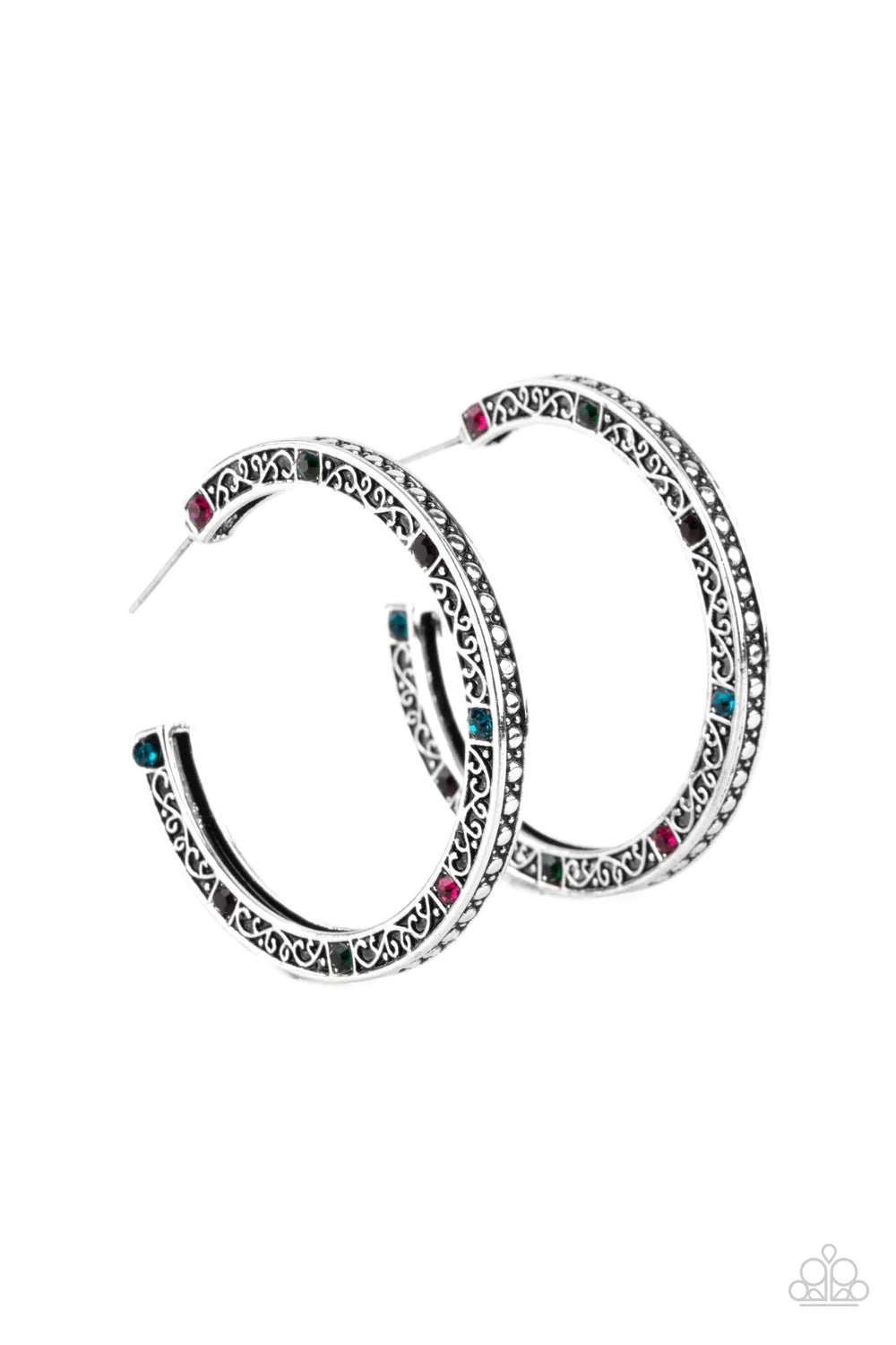 Paparazzi Accessories Richly Royal - Multi A chunky antiqued silver frame is decked out with dotted detail and charming vine filigree that wanders around the front and sides of the frame. Dainty multi-colored rhinestones accent the enchanting vines creati