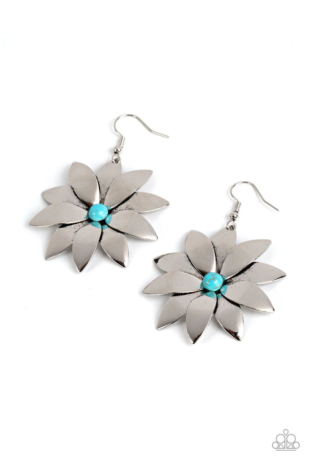 Paparazzi Accessories Pinwheel Prairies - Blue Overlapping silver petals bloom from a turquoise stone beaded center as they gently curve into a pinwheel-like flower, resulting in a seasonal pop of color. Earring attaches to a standard fishhook fitting. So