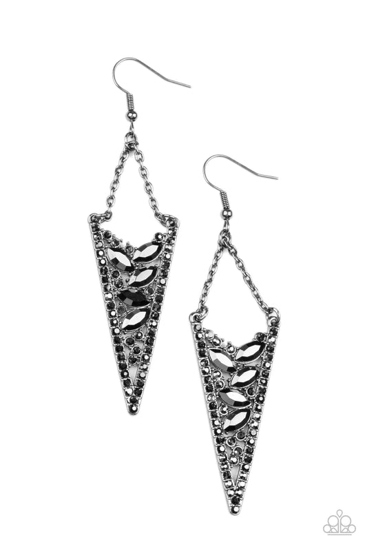 Paparazzi Accessories Sharp-Dressed Drama - Black Suspended by gunmetal chains, the center of a smoky hematite rhinestone encrusted gunmetal frame is filled with round and marquise hematite rhinestones for a smoldering finish. Earring attaches to a standa