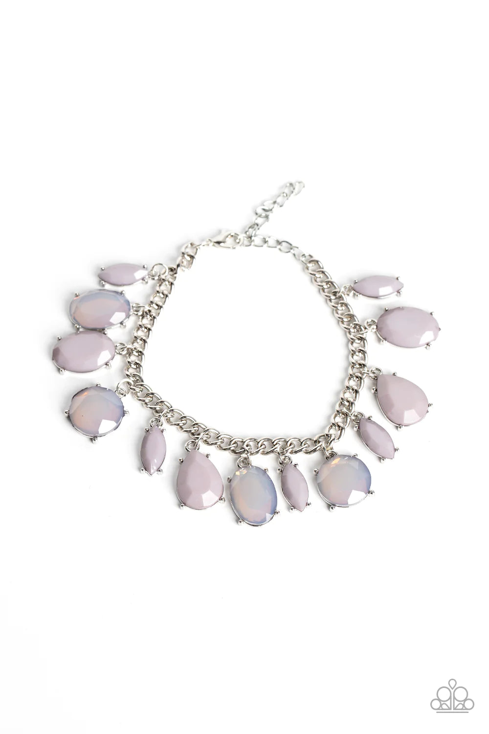 Paparazzi Accessories Serendipitous Shimmer - Silver A charming collection of opaque and translucent Gray Lilac beads swings from a classic silver chain. The faceted beads are a mishmash of shapes and sizes, creating a flirtatious pop of color around the