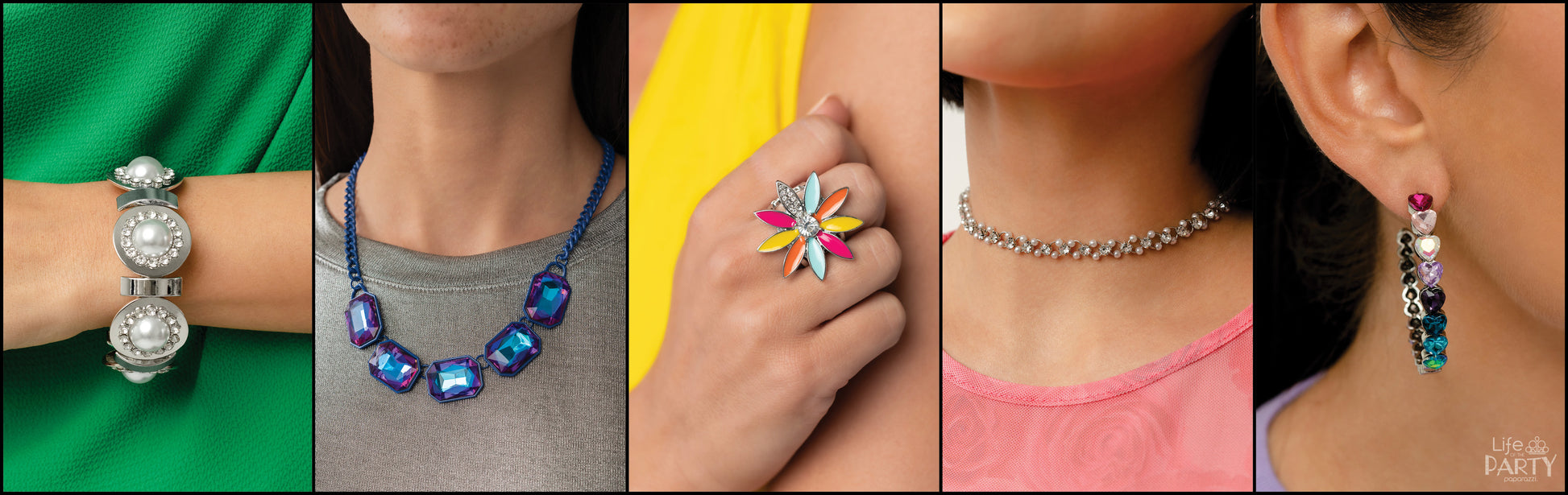 Paparazzi Accessories June 2023 Life Of Party June 2023 LOP Preview Pack of All 5 Exclusive Pieces Includes one of each Life of the Party exclusive accessory for June 2023: Necklace: "Classy Couture - WhiteHoop Earring: "Hypnotic Heart Attack - Multi" Nec