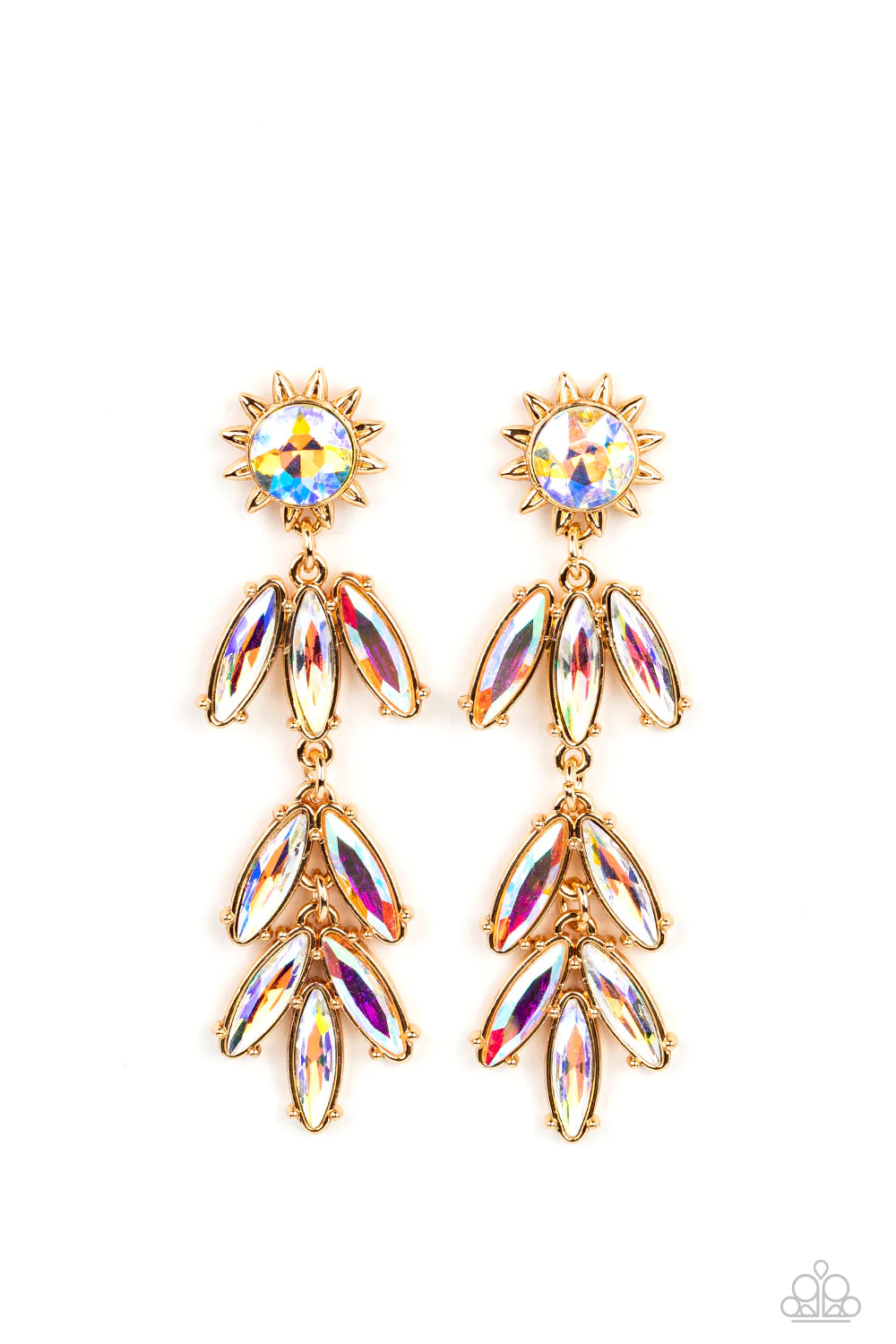 Paparazzi Accessories Space Age Sparkle - Gold A gold sunburst frame wraps around an iridescent gem as it gives way to an explosion of marquise-cut rhinestones in the same dreamy finish. The oblong frames swing dramatically from the ear, capturing and ref