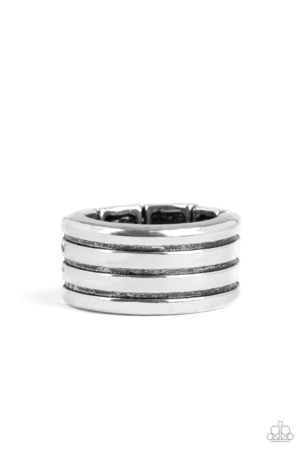 Paparazzi Accessories Zip Line - Silver Shiny copper stars graduate in size across the center of a hammered shiny copper bangle, creating a stackable stellar centerpiece around the wrist. Sold as one individual bracelet.