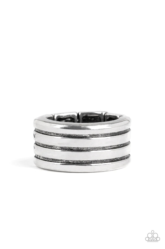 Paparazzi Accessories Zip Line - Silver Shiny copper stars graduate in size across the center of a hammered shiny copper bangle, creating a stackable stellar centerpiece around the wrist. Sold as one individual bracelet.