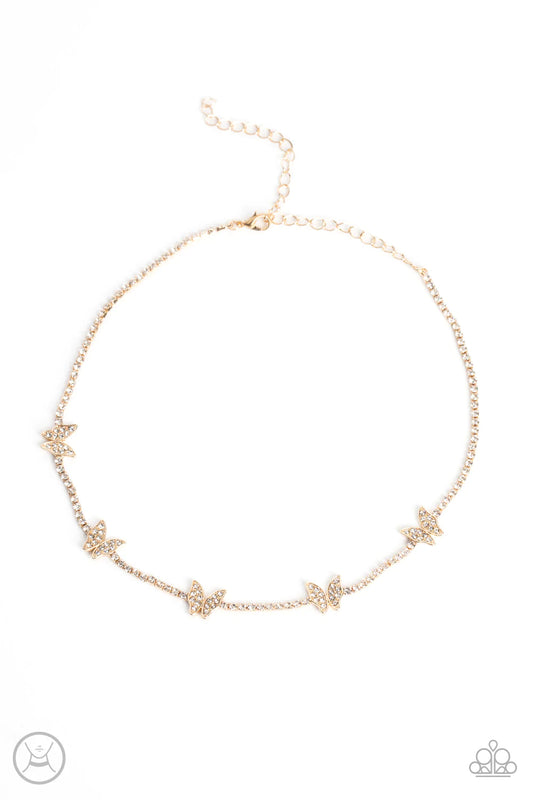 Paparazzi Accessories Fluttering Fanatic - Gold Infused along a row of dainty white rhinestones pressed into gold box-chain settings, a collection of gold butterflies coalesces around the neckline for a whimsical finish. Each butterfly features a dainty s