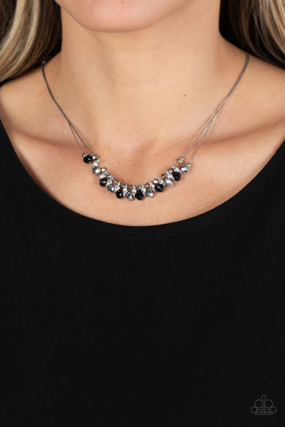 Paparazzi Accessories Shimmering High Society - Black Strung between two dainty rows of silver wheat chain, a glistening collection of glassy beads, white rhinestones, and silver accents rests below the collar. The double layer of jet black and smoky, gla