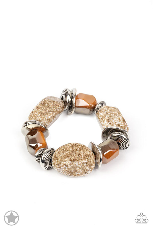 Paparazzi Accessories Glaze of Glory - Brown Chunky peach beads combine with intricate silver details on a stretchy band. Matches Blockbuster Necklace. Sold as one individual bracelet. Jewelry