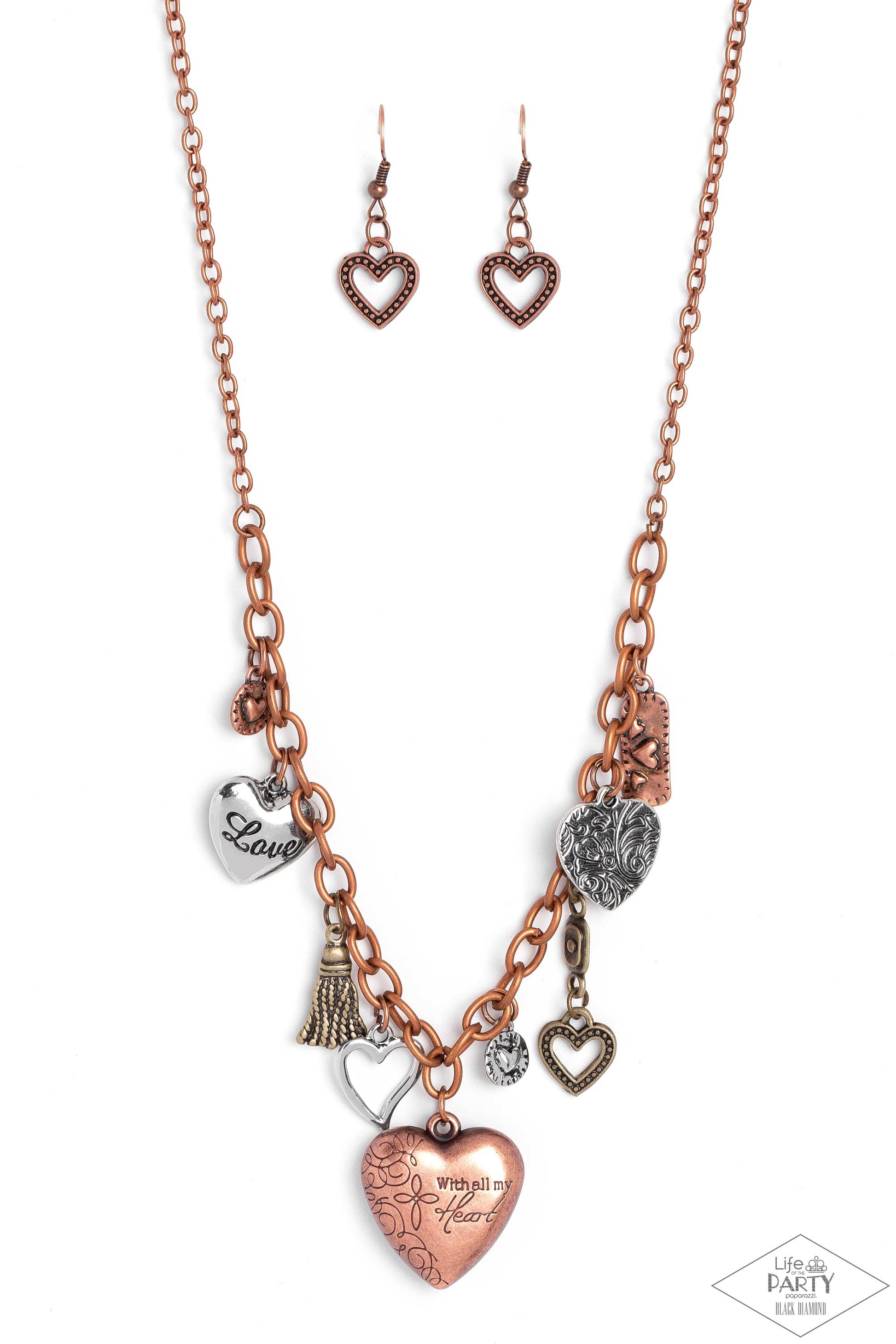 Paparazzi Accessories Heart Of Wisdom - Multi An array of brass, copper, and silver heart charms trickle from a section of bold copper chain, creating a whimsical fringe below the collar. The largest heart charm is inscribed with the phrase, “With all my