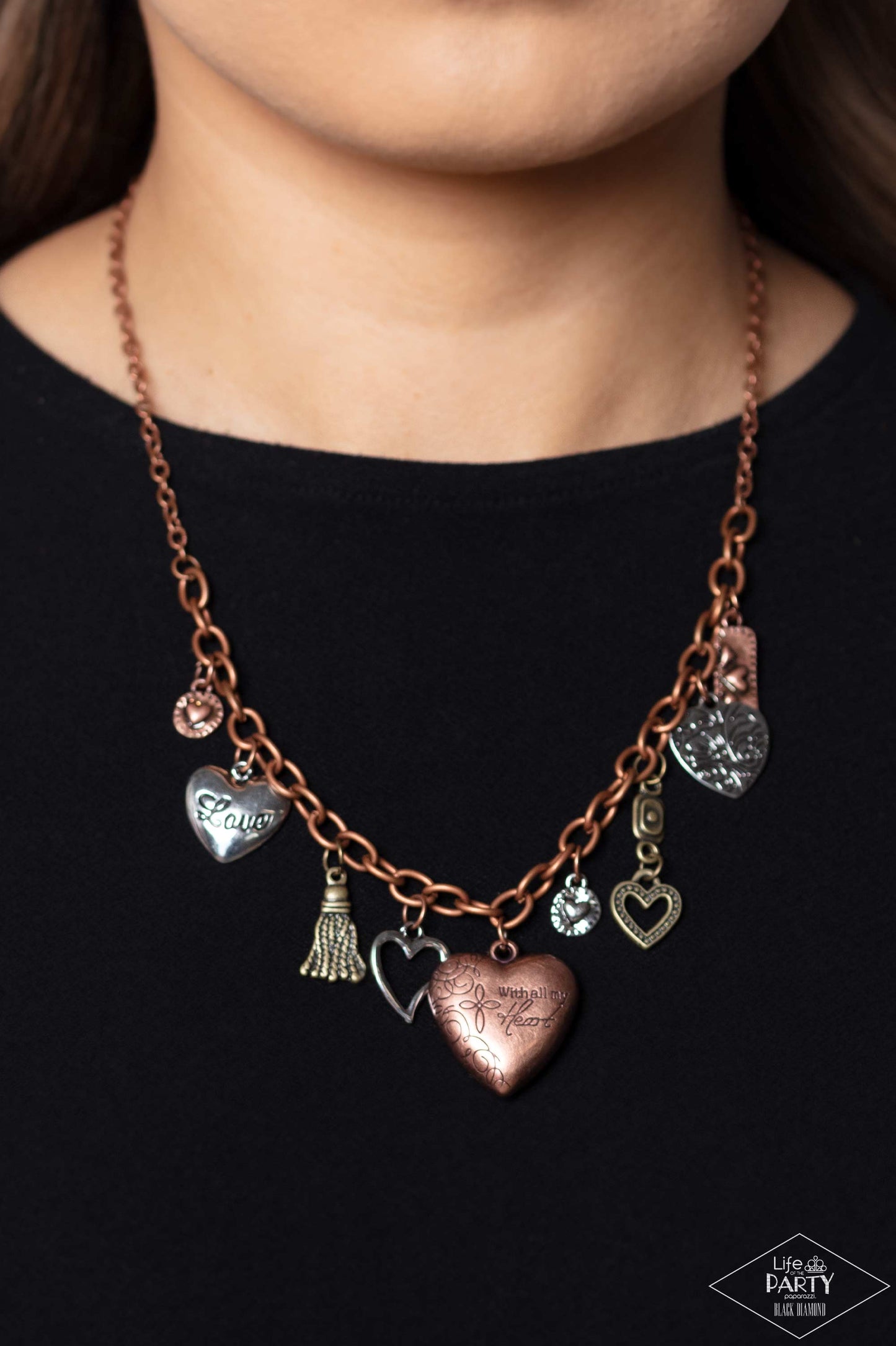 Paparazzi Accessories Heart Of Wisdom - Multi An array of brass, copper, and silver heart charms trickle from a section of bold copper chain, creating a whimsical fringe below the collar. The largest heart charm is inscribed with the phrase, “With all my