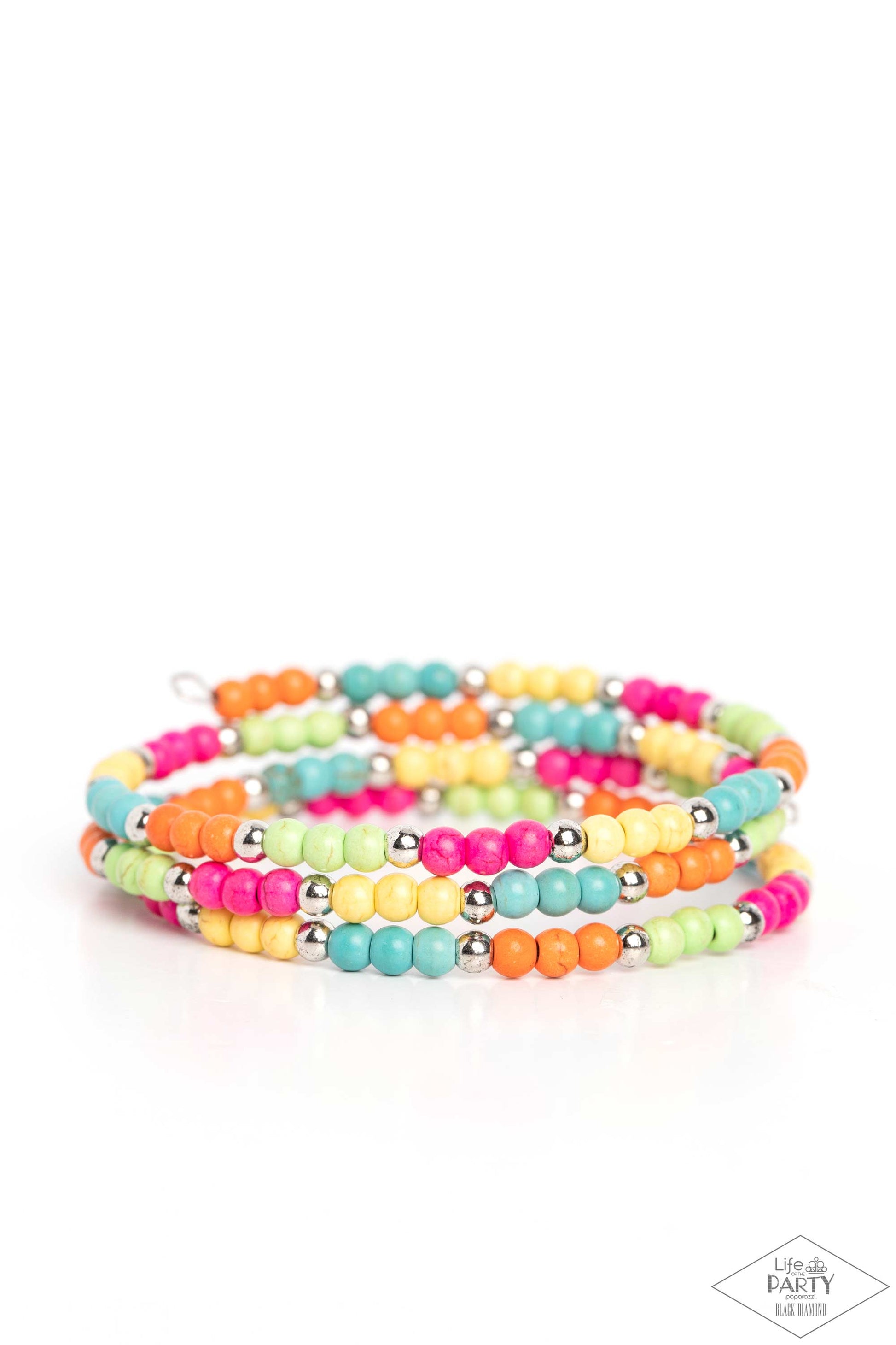 Paparazzi Accessories Stone Paradise - Multi Dainty silver beads and smooth multicolored stone accents are threaded along a coiled wire, creating an earthy infinity wrap style bracelet. As the stone elements in this piece are natural, some color variation