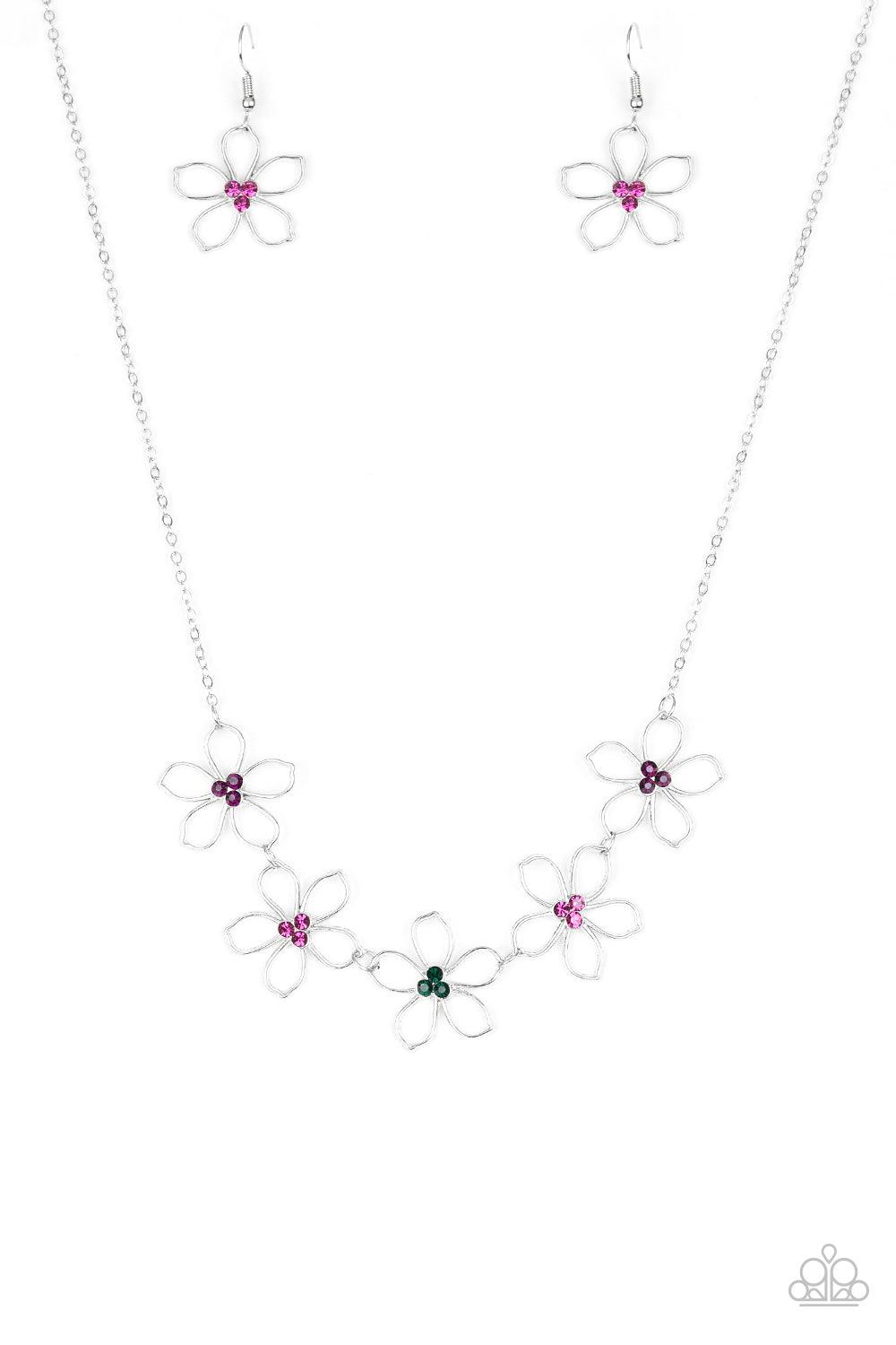 Paparazzi Accessories Hoppin Hibiscus - Multi Dotted with radiant multicolored rhinestone centers, airy silver flowers link below the collar for a seasonal look. Features an adjustable clasp closure. Sold as one individual necklace. Includes one pair of m