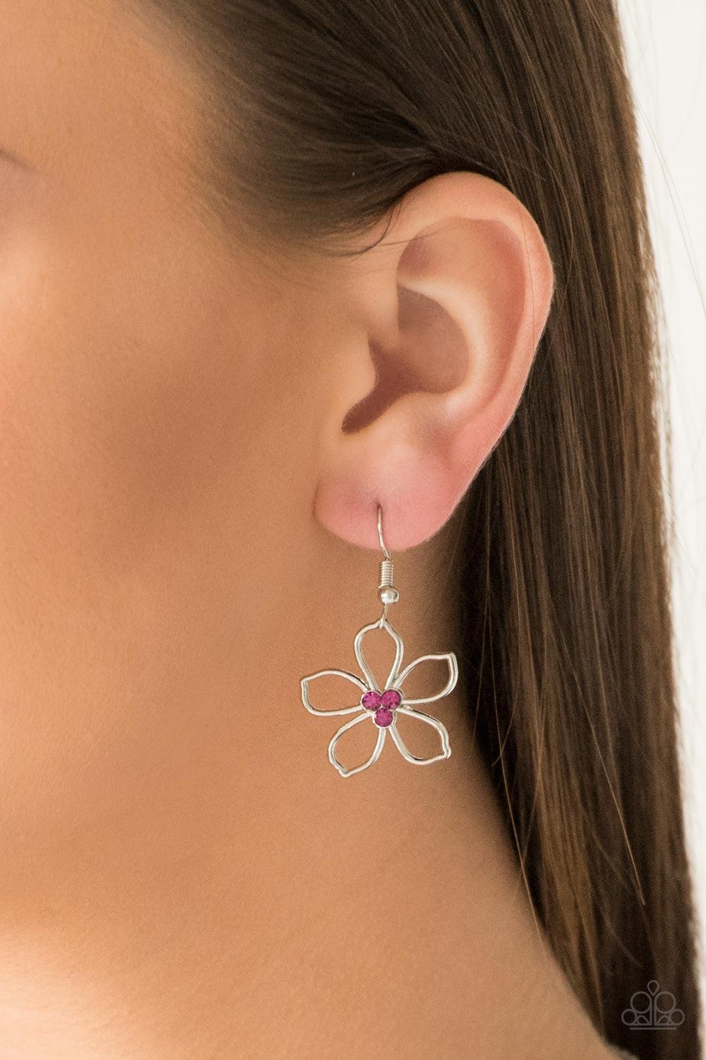 Paparazzi Accessories Hoppin Hibiscus - Multi Dotted with radiant multicolored rhinestone centers, airy silver flowers link below the collar for a seasonal look. Features an adjustable clasp closure. Sold as one individual necklace. Includes one pair of m