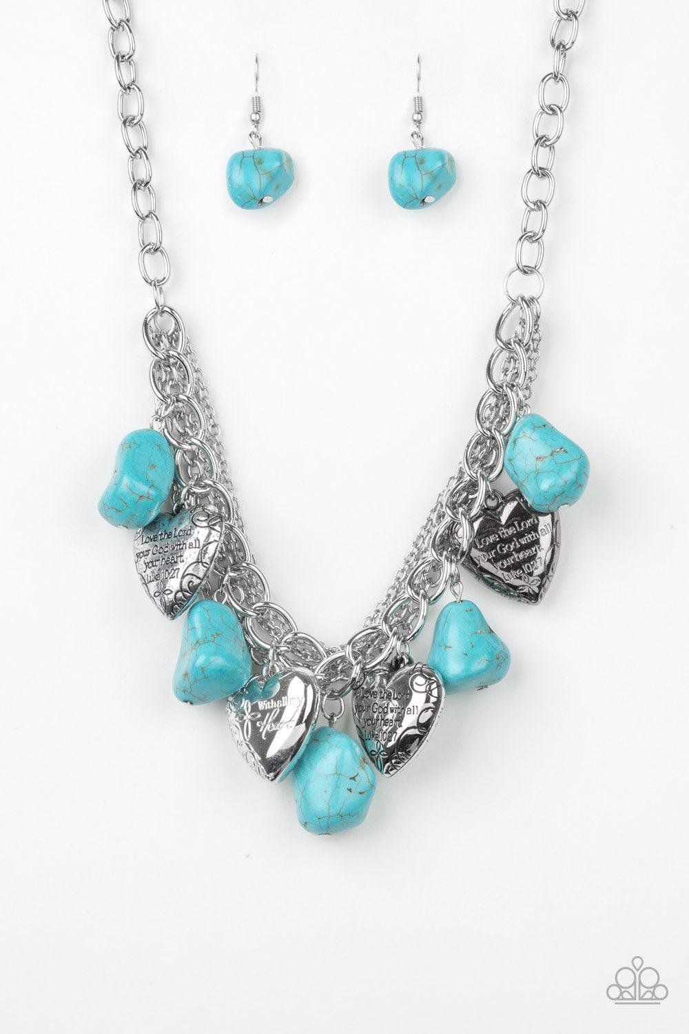 Paparazzi Accessories Change Of Heart - Blue Faux turquoise rocks alternate with heart charms along a chunky silver chain. Hearts are inscribed with the phrase "With All My Heart" on one side and a short bible verse on the other that reads, "Love the Lord