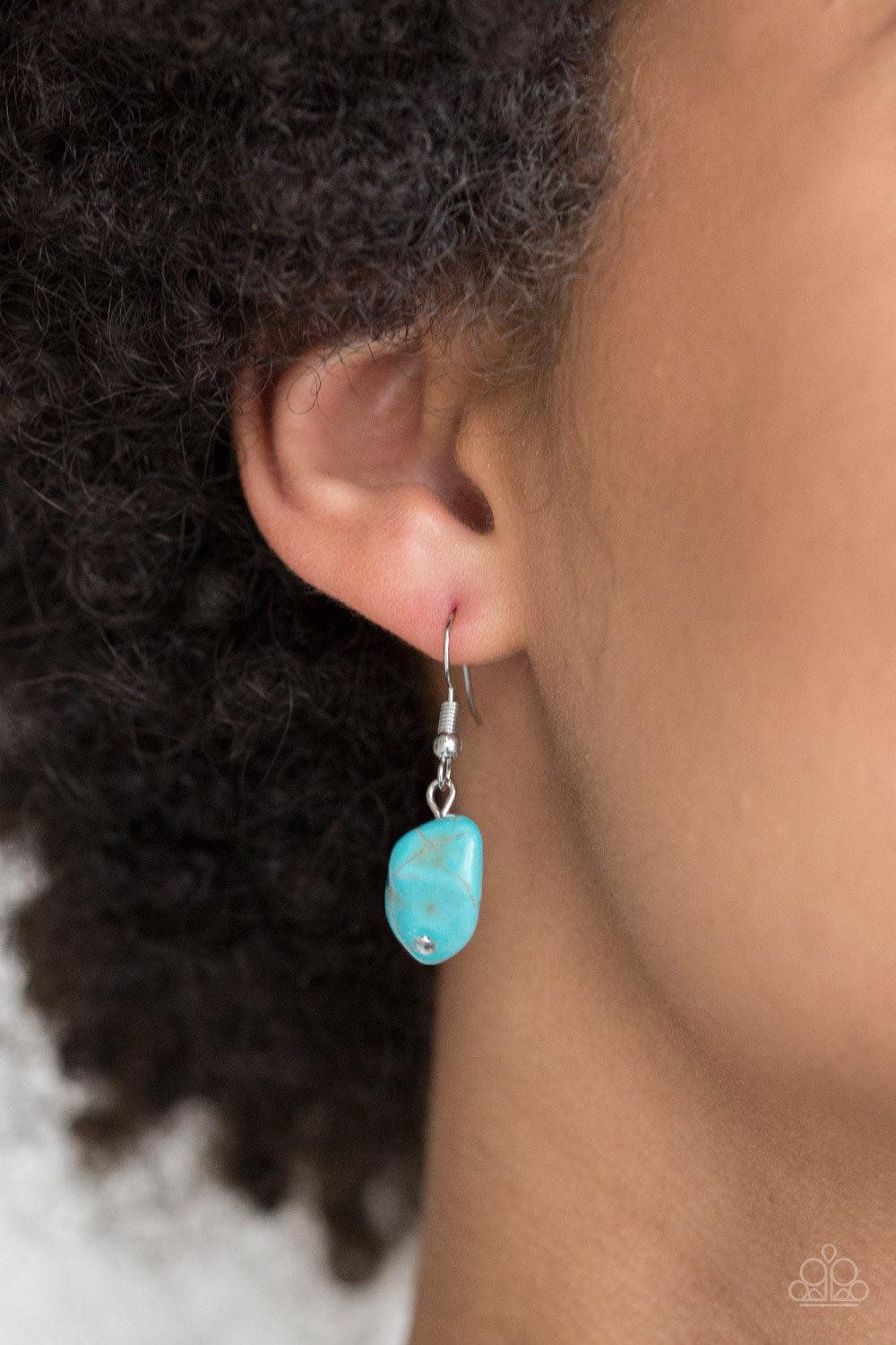 Paparazzi Accessories Change Of Heart - Blue Faux turquoise rocks alternate with heart charms along a chunky silver chain. Hearts are inscribed with the phrase "With All My Heart" on one side and a short bible verse on the other that reads, "Love the Lord
