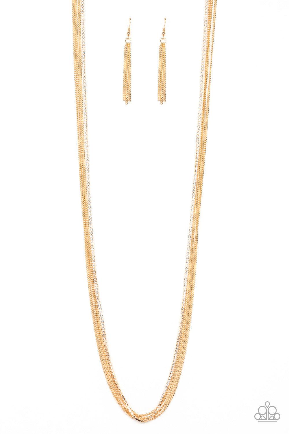 Paparazzi Accessories SLEEK and Destroy - Gold Featuring sleek square fittings, a glittery strand of white rhinestones joins dainty rows of glistening gold chains down the chest for a refined flair. Features an adjustable clasp closure. Sold as one indivi