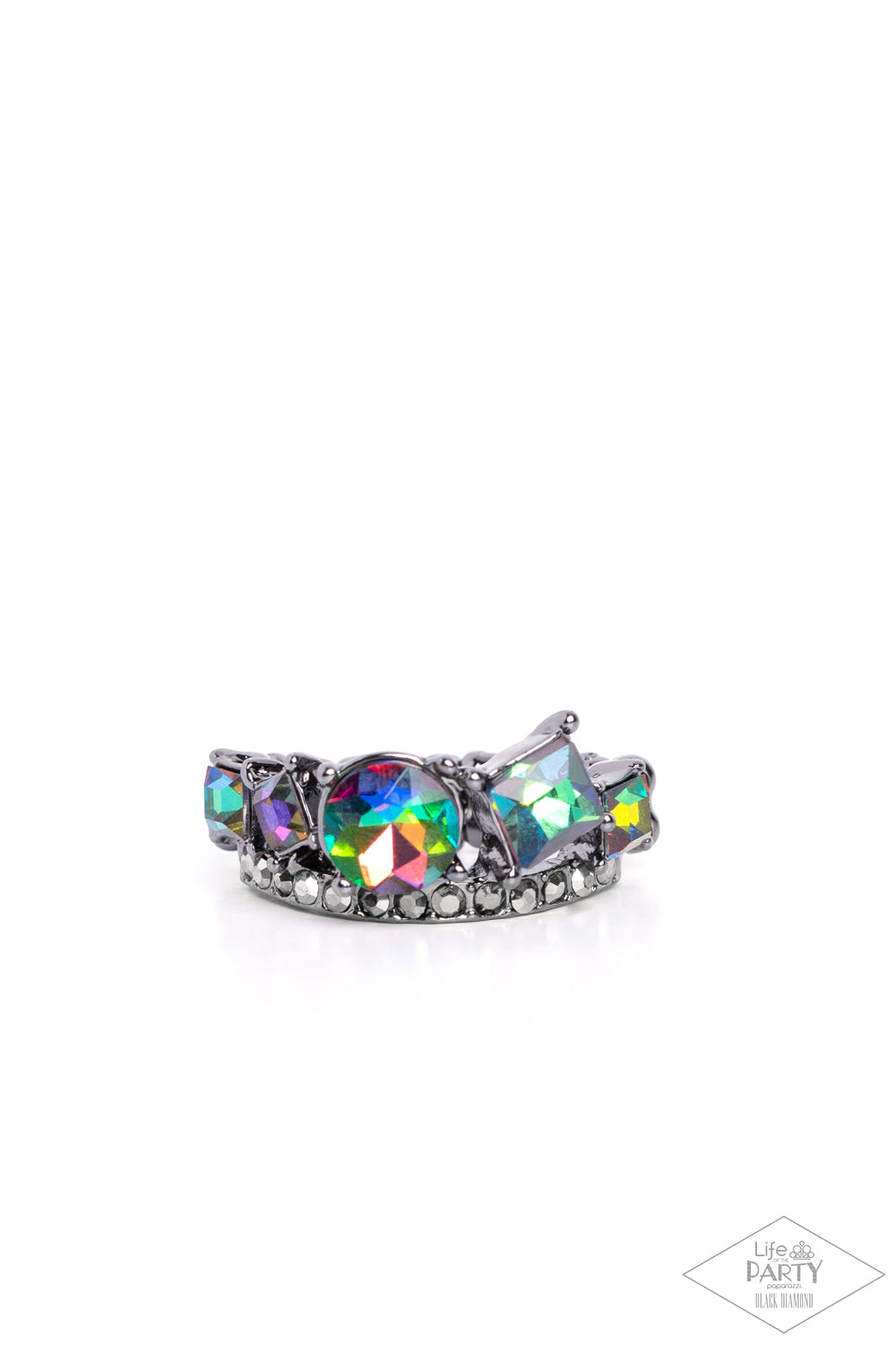 Paparazzi Accessories Champion Couture - Multi Featuring an oil spill finish, a collection of round and square iridescent rhinestones coalesces atop a gunmetal band encrusted in dainty hematite rhinestones for a dramatic look. Features a dainty stretchy b