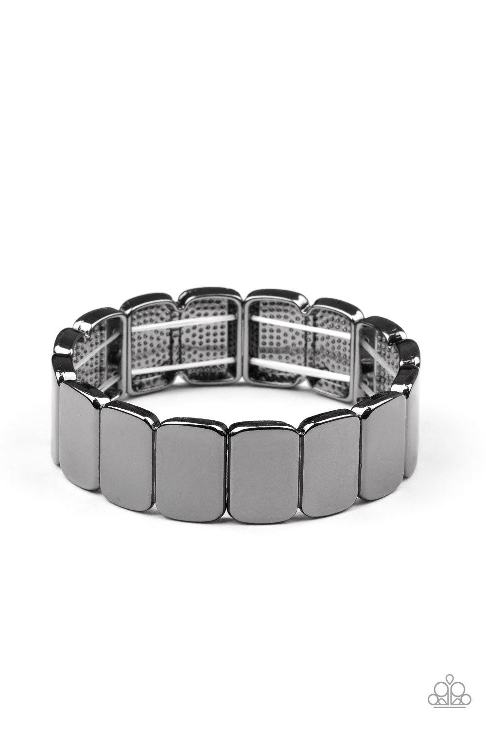 Paparazzi Accessories Retro Effect - Black Brushed in a glistening shimmer, shiny gunmetal rectangular frames are threaded along stretchy bands around the wrist for a sleek industrial look. Sold as one individual bracelet. Jewelry