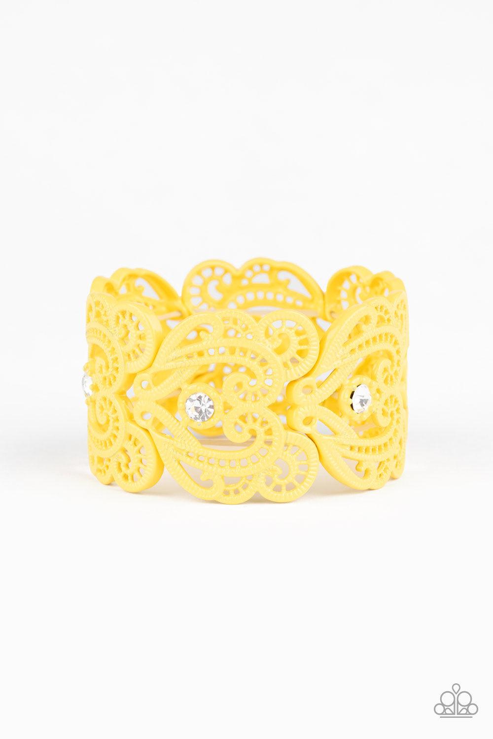 Paparazzi Accessories Vintage Romance - Yellow Painted in a sunny yellow finish, lacy metallic frames are threaded along stretchy bands around the wrist. Glassy white rhinestones dot each frame, adding elegant shimmer to the whimsical piece. Sold as one i