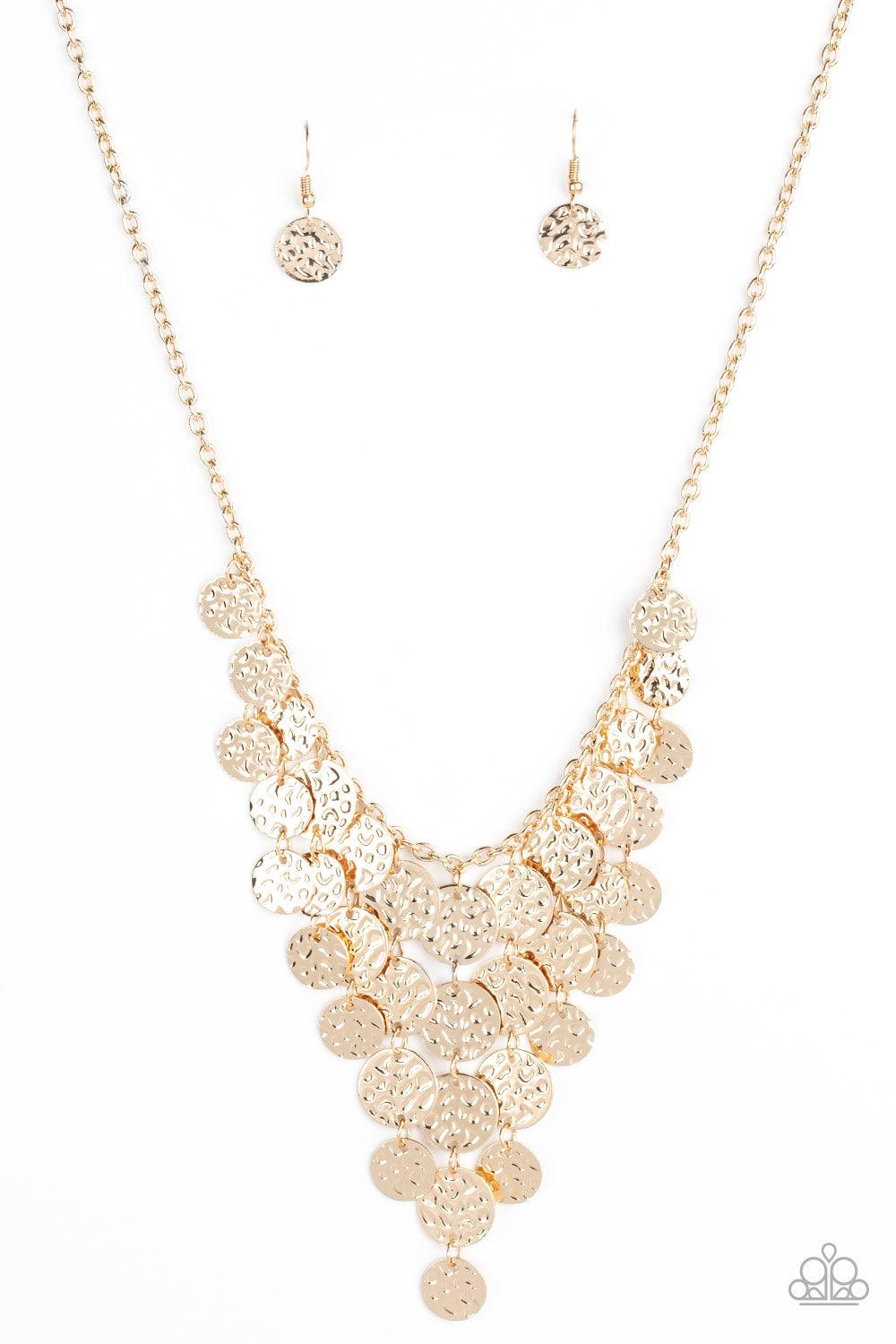 Paparazzi Accessories Spotlight Ready - Gold Rows of hammered gold discs trickle from the bottom of a dainty gold chain, creating an edgy tapered fringe below the collar. Features an adjustable clasp closure. Sold as one individual necklace. Includes one