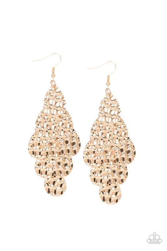 Paparazzi Accessories Instant Incandescence - Gold Featuring metallic honeycomb-like patterns, glistening gold teardrop frames cascade from the ear, coalescing into a noise-making lure. Earring attaches to a standard fishhook fitting. Sold as one pair of
