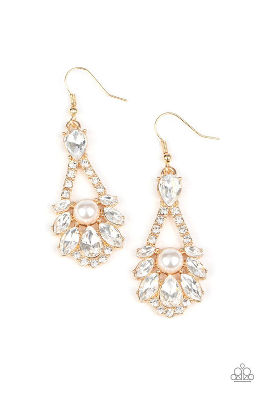 Paparazzi Accessories Prismatic Presence - Gold A sparkly series of marquise and teardrop white rhinestones embellish the front of a white rhinestone encrusted gold frame. A dainty white pearl adorns the center, adding a splash of vintage refinement. Earr