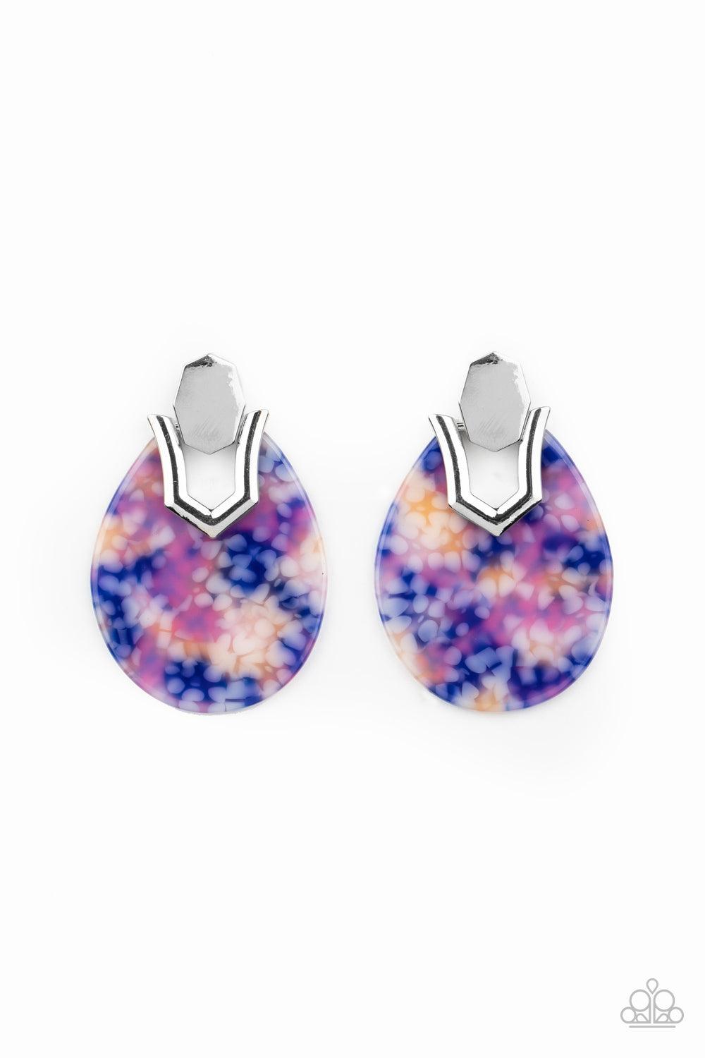 Paparazzi Accessories HAUTE Flash - Blue Speckled in a colorful watercolor pattern, a teardrop acrylic frame fastens to a shiny silver fitting for a trendy retro look. Earring attaches to a standard post fitting. Sold as one pair of post earrings. Jewelry