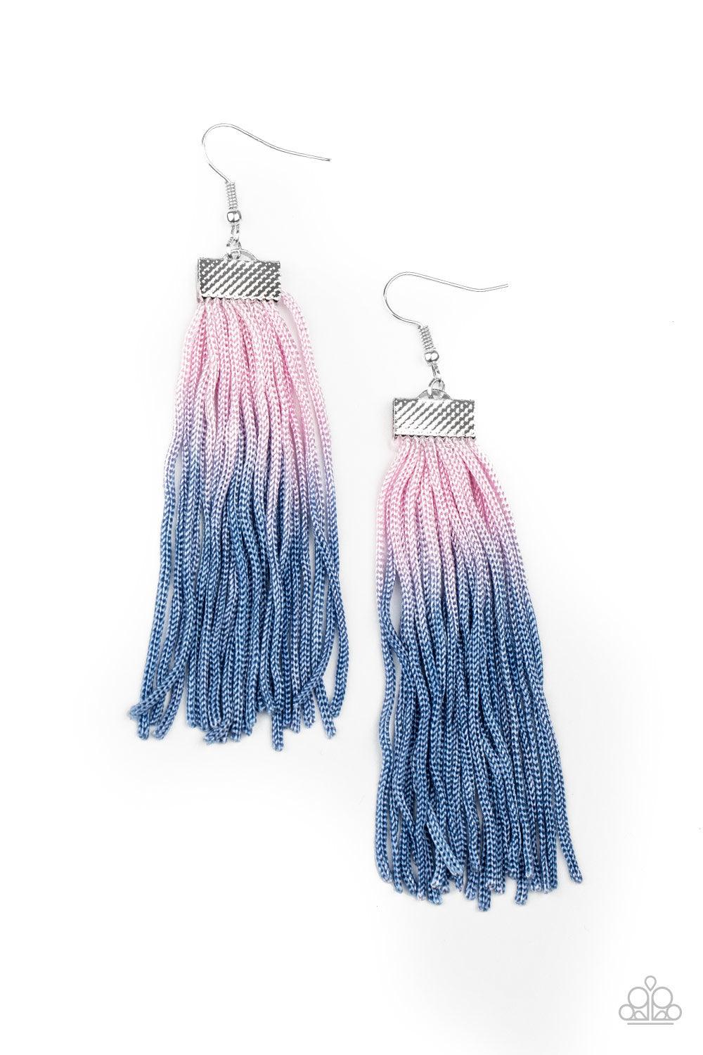 Paparazzi Accessories Dual Immersion - Pink Colorful threaded tassels gradually darken from pink to blue, creating a vivacious fringe at the bottom of a hammered silver fitting. Earring attaches to a standard fishhook fitting. Sold as one pair of earrings