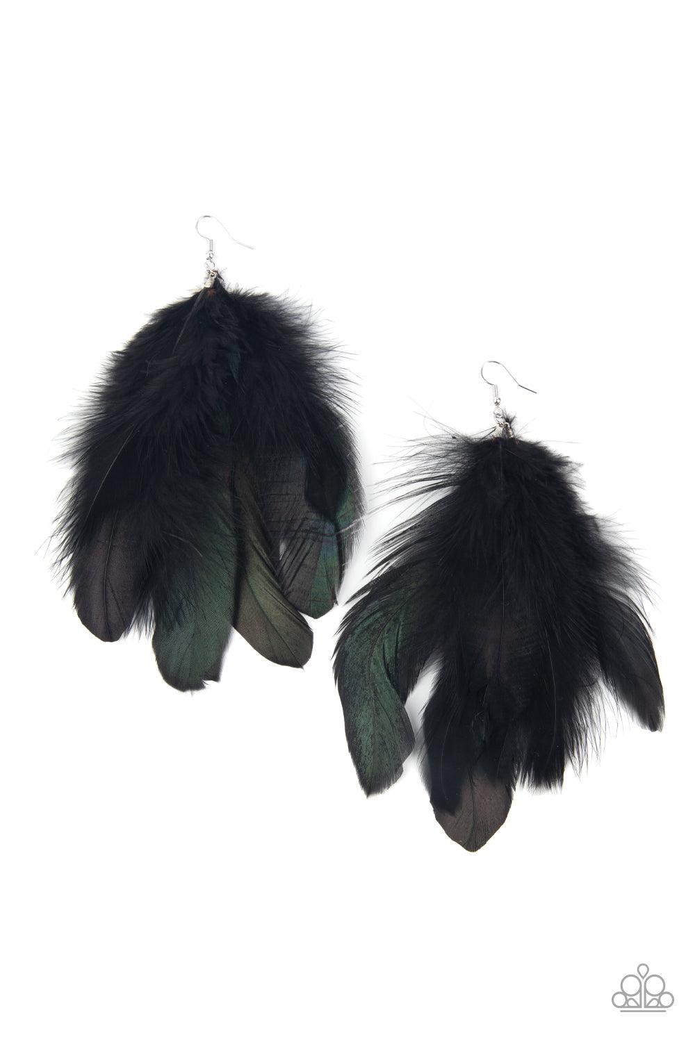 Paparazzi Accessories I BOA to No One - Black A collection of fuzzy black and sleek iridescent feathers swing from the ear, creating a flirtatious fringe. Earring attaches to a standard fishhook fitting. Sold as one pair of earrings. Jewelry