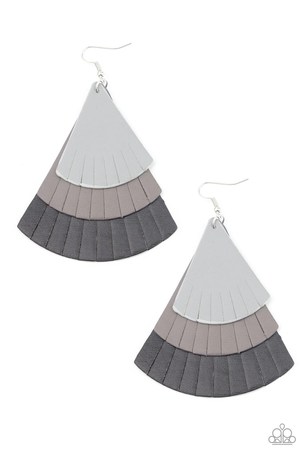 Paparazzi Accessories Huge Fanatic - Black Featuring tapered edges, Ultimate Gray, gray, and black leather triangular frames delicately overlap into a colorfully rustic frame. Earring attaches to a standard fishhook fitting. Sold as one pair of earrings.