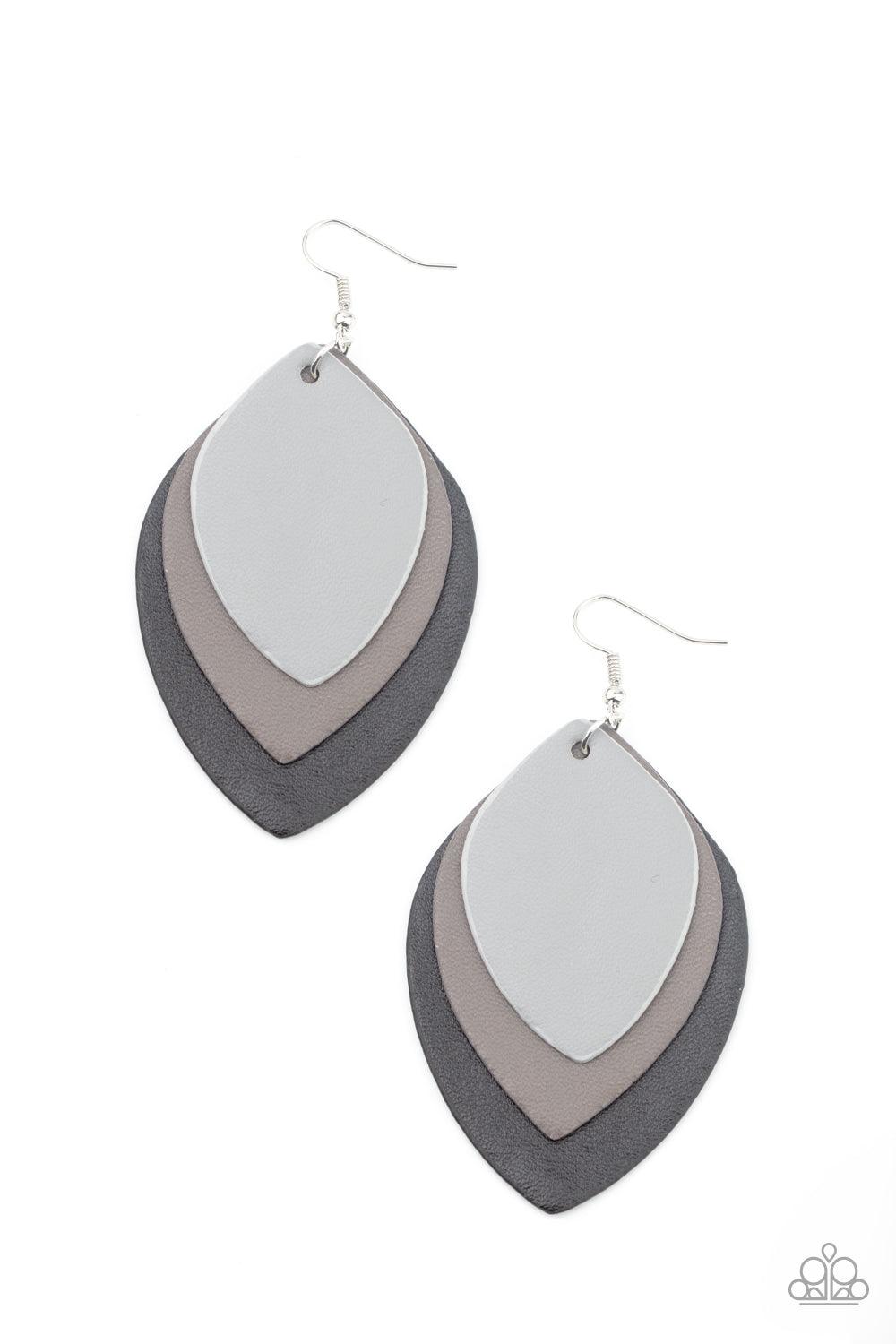 Paparazzi Accessories Light as a LEATHER - Black Leafy Ultimate Gray, gray, and black leather frames delicately layer into a seasonal lure. Earring attaches to a standard fishhook fitting. Sold as one pair of earrings. Jewelry