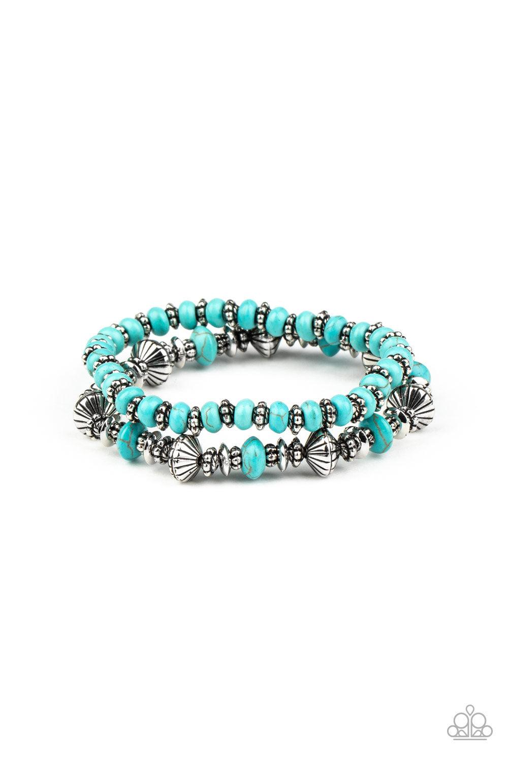 Paparazzi Accessories Cactus Quest - Blue A mismatched assortment of turquoise stone beads and decorative silver beads are threaded along stretchy bands around the wrist, creating an earthy pair. Sold as one set two of bracelets. Jewelry