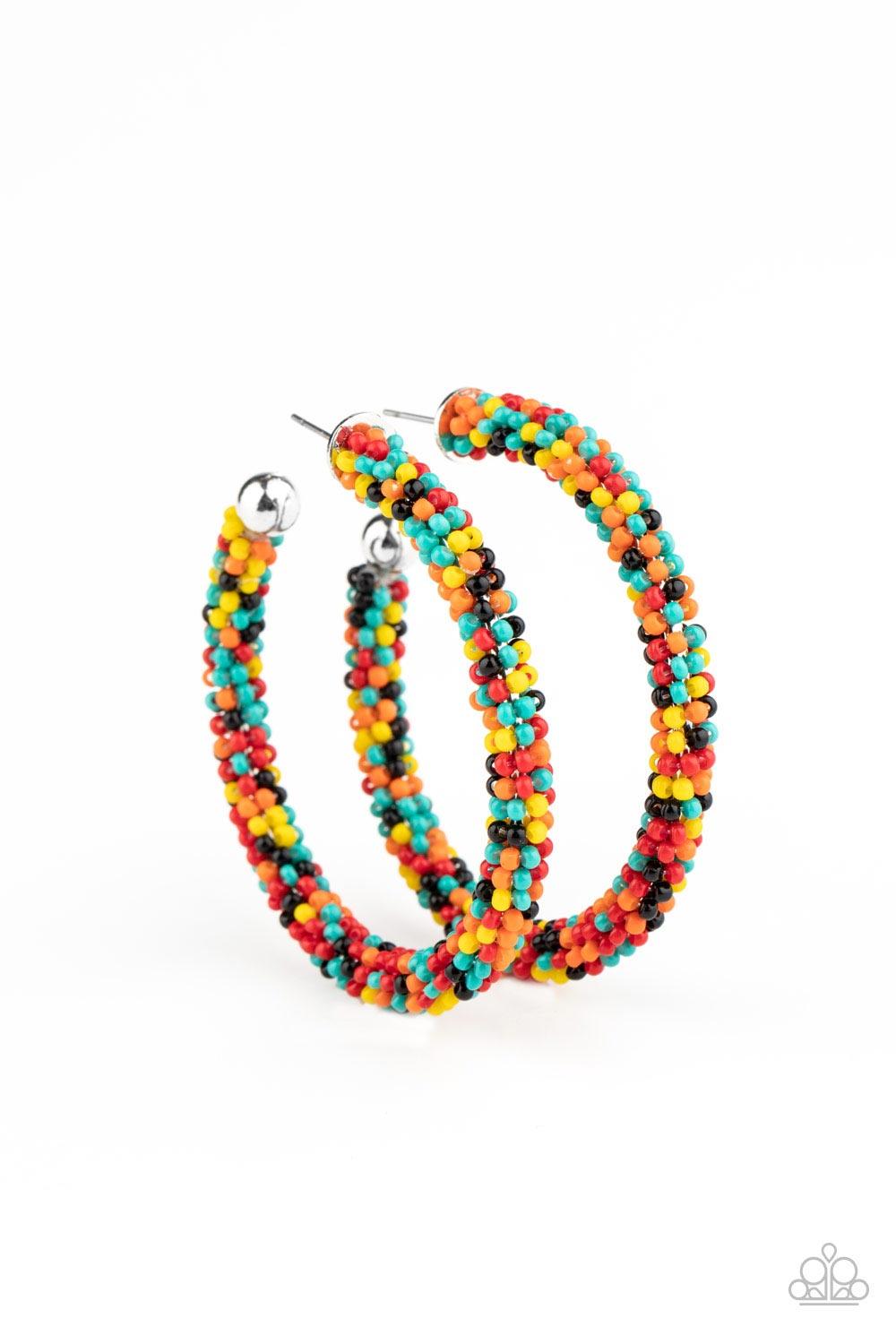 Paparazzi Accessories BEAD My Lips! - Multi A dainty collection of turquoise, black, yellow, orange, and red seed beads colorfully adorns a classic hoop for a beautifully beaded look. Earring attaches to a standard post fitting. Hoop measures approximatel