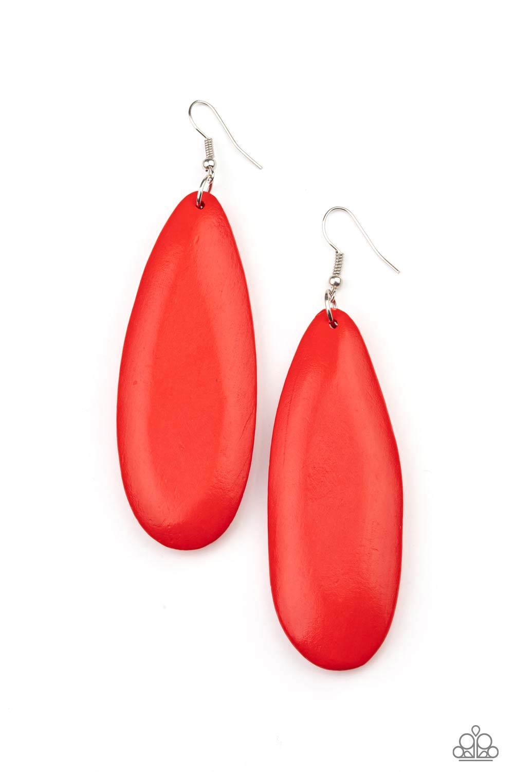 Paparazzi Accessories Tropical Ferry - Red Painted in a shiny red finish, an imperfect wooden teardrop swings from the ear for a tropical inspired look. Earring attaches to a standard fishhook fitting. Sold as one pair of earrings. Jewelry