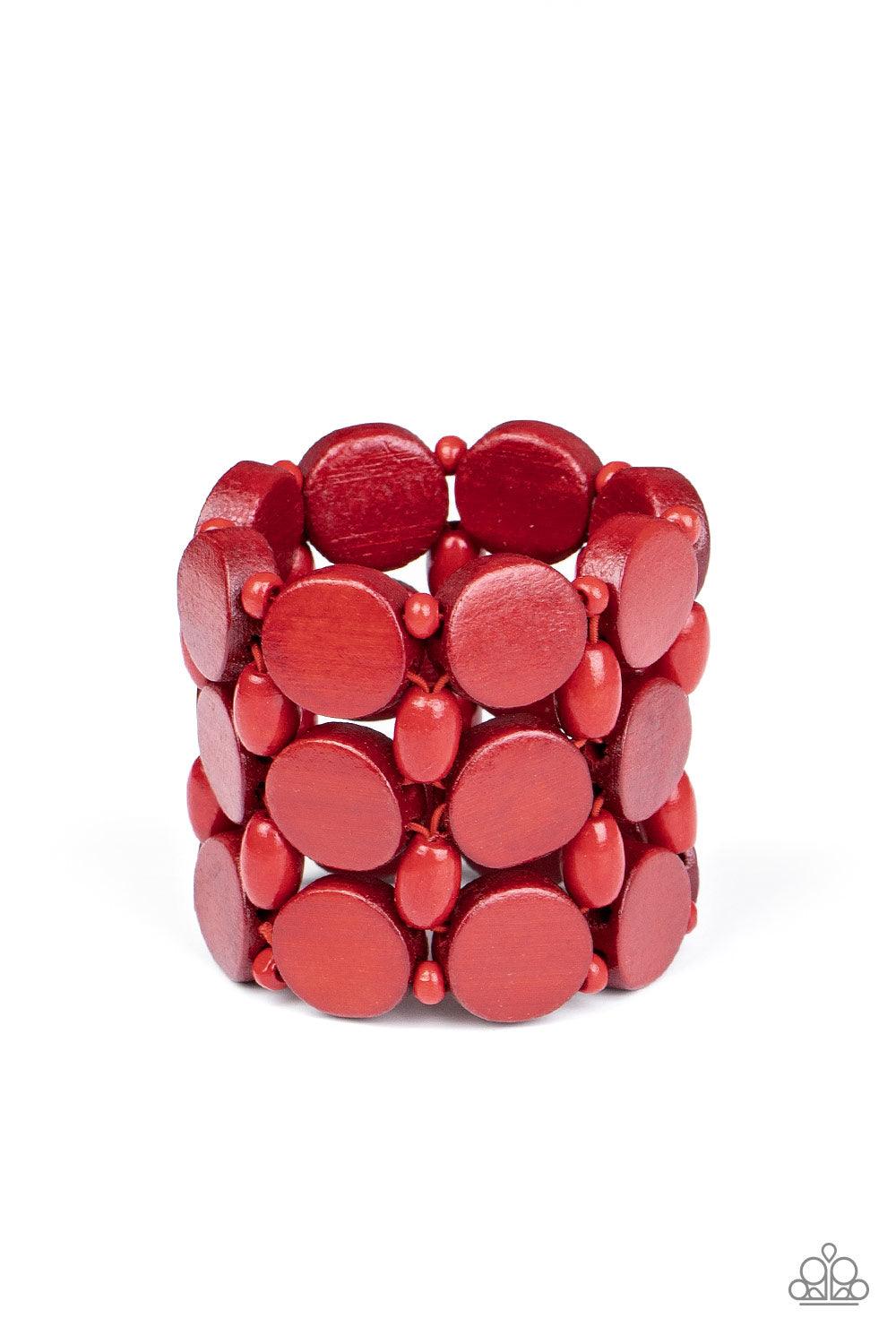 Paparazzi Accessories Cruising Coronado - Red Featuring disc, oval, and rounded shapes, a mismatched collection of fiery red wooden beads are threaded along knotted stretchy strands, creating a tropical inspired look around the wrist. Sold as one individu