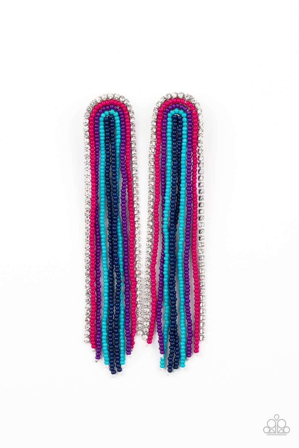 Paparazzi Accessories Let There BEAD Light - Multi Mismatched strands of blue, Pink Peacock, Magenta Purple, and Blue Depths seed beads, and a glittery strand of white rhinestones delicately curls into a beaded rainbow-like tassel. Earring attaches to a s