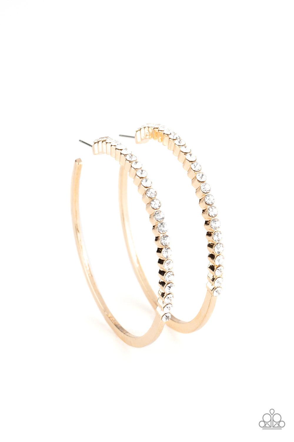 Paparazzi Accessories Making Rounds - Gold The front half of a glistening gold hoop is encrusted in a glassy row of dainty white rhinestones for a glamorously timeless finish. Earring attaches to a standard post fitting. Hoop measures approximately 2 1/2"
