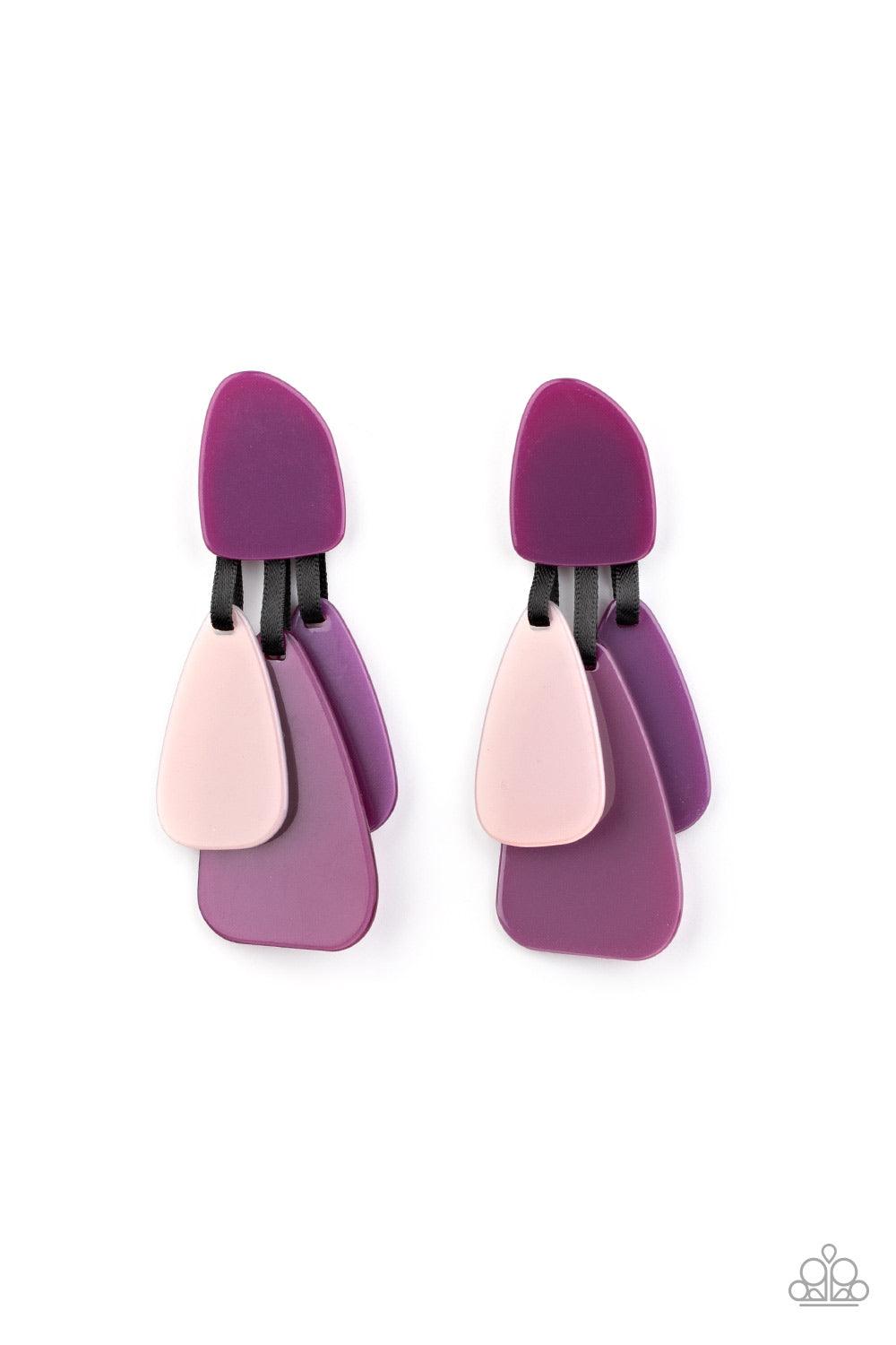 Paparazzi Accessories All FAUX One - Purple Varying in color and opacity, an abstract collection of asymmetrically teardrop acrylic frames hang from shiny black ribbons at the bottom of a matching acrylic frame for a colorfully retro finish. Earring attac