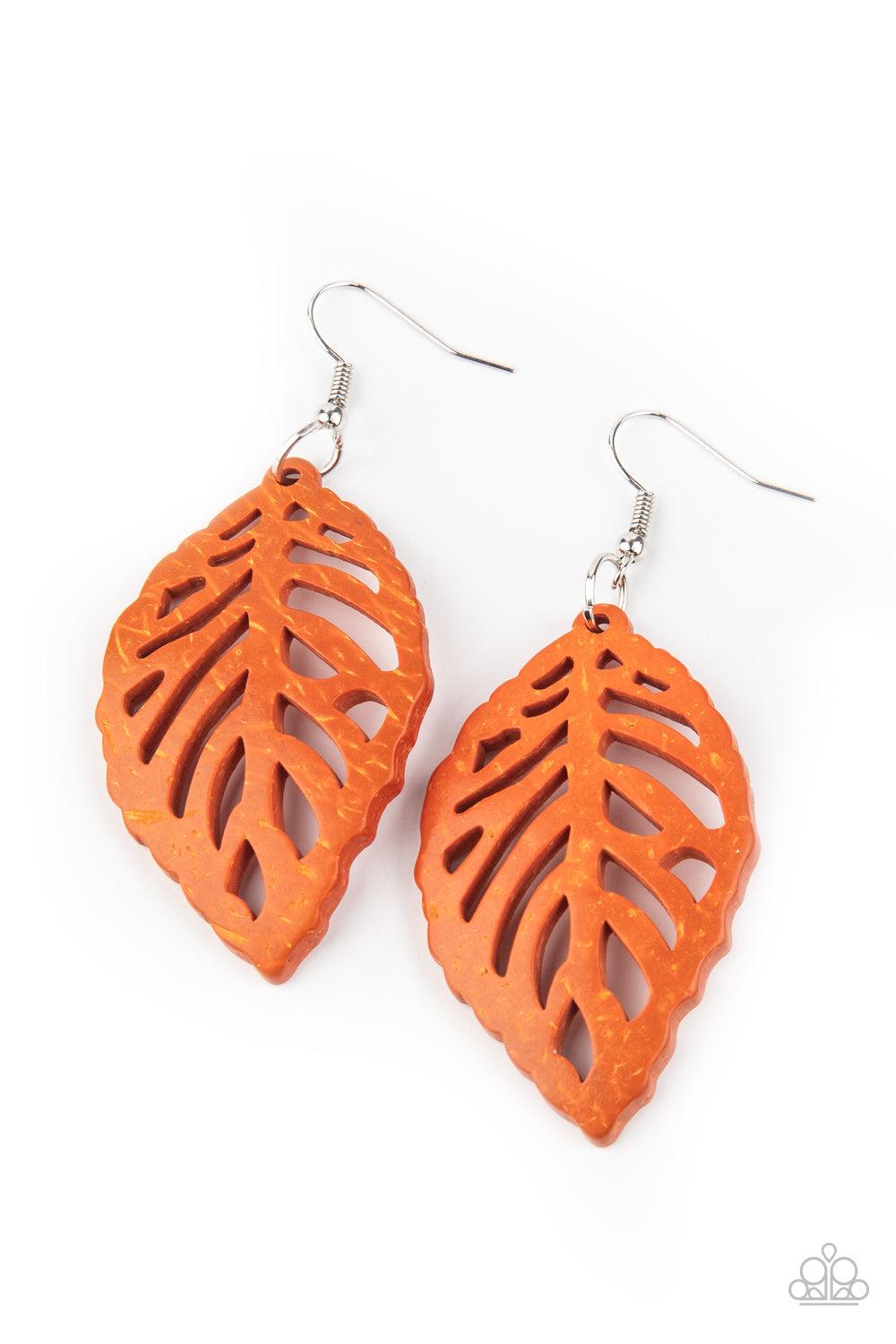 Paparazzi Accessories LEAF Em Hanging - Orange Brushed in a distressed Amberglow finish, an airy wooden frame has been cut into a leafy stenciled design for a woodsy look. Earring attaches to a standard fishhook fitting. Sold as one pair of earrings. Jewe