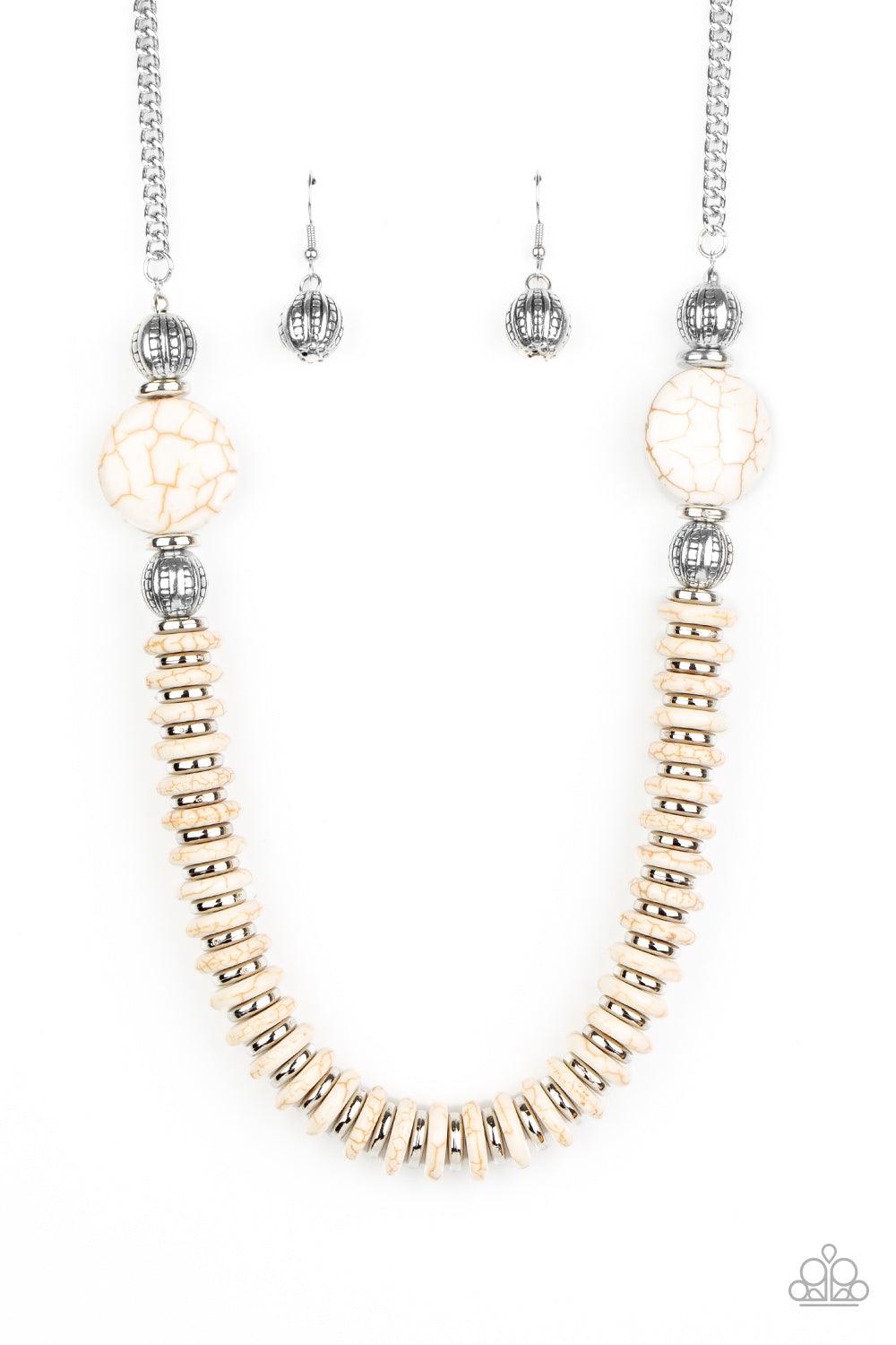 Paparazzi Accessories Desert Revival - White Flanked by ornate silver beads, two oversized white stones give way to an alternating strand of shiny silver and refreshing white stone discs for an authentically artisan inspired look below the collar. Feature