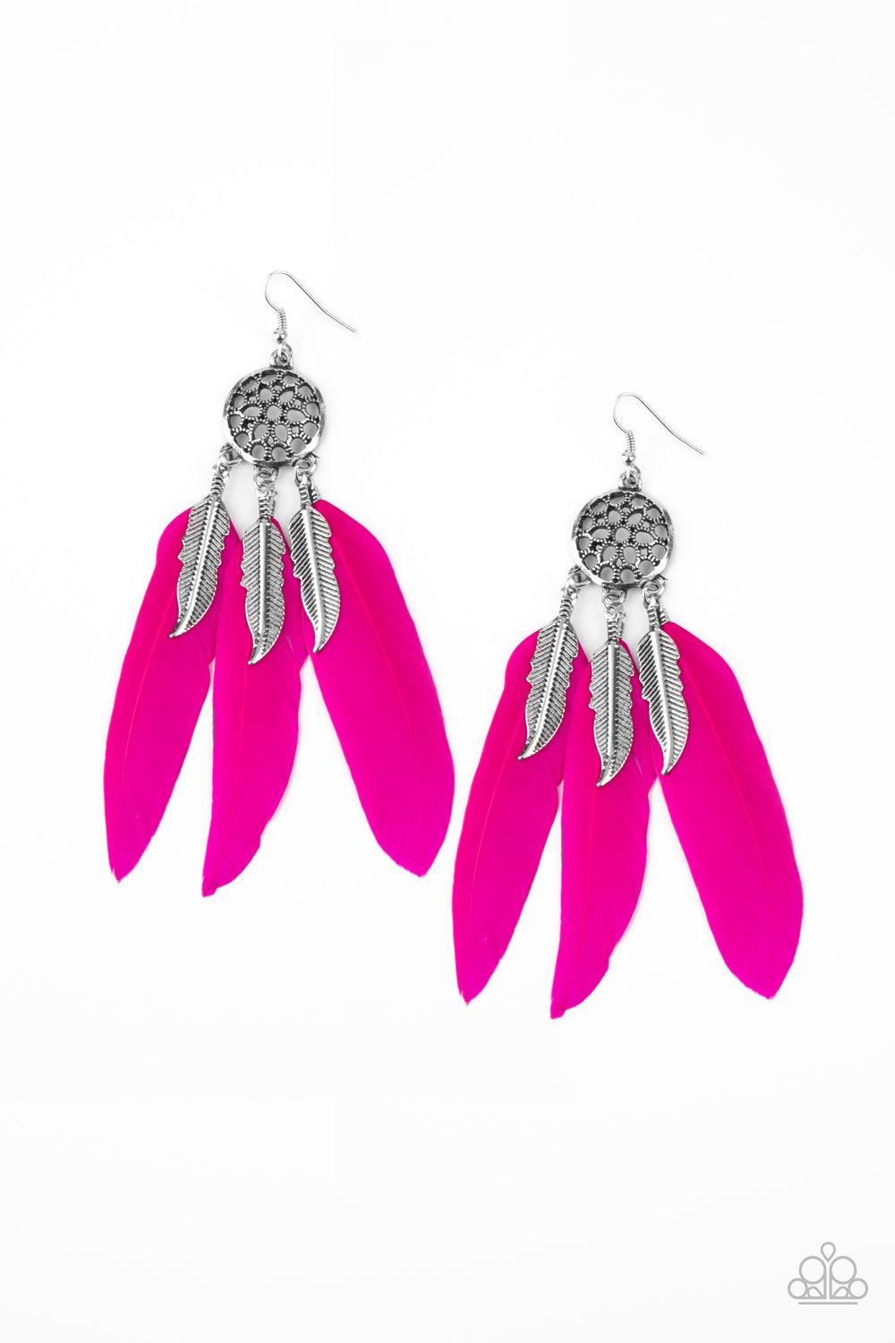 Paparazzi Accessories In Your Wildest DREAM-CATCHERS - Pink Flamboyant Pink Peacock feathers and antiqued silver feather charms swing from the bottom of an ornate silver frame, creating a wildly colorful dream-catcher. Earring attaches to a standard fishh