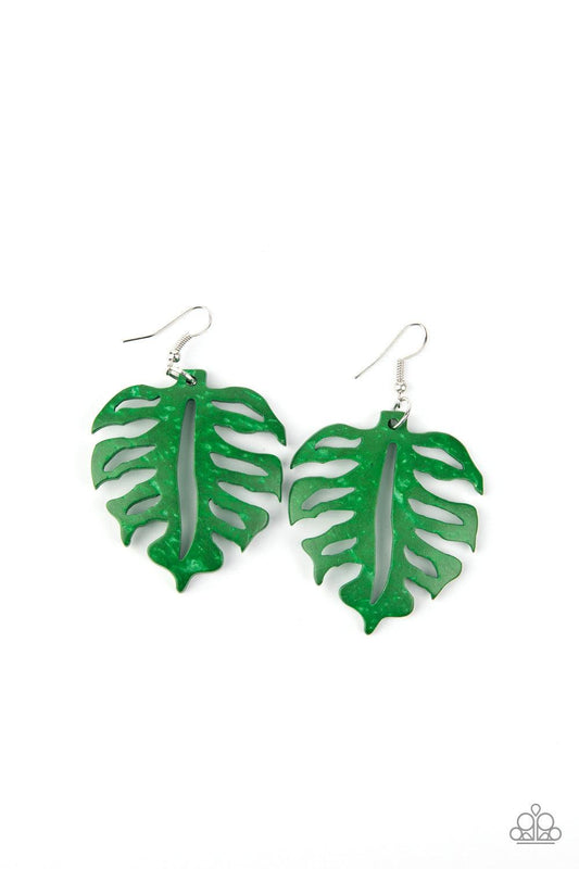 Paparazzi Accessories Shake Your PALMS PALMS - Green Painted in a distressed green finish, an airy palm leaf frame swings from the ear for a colorfully seasonal look. Earring attaches to a standard fishhook fitting. Sold as one pair of earrings. Jewelry